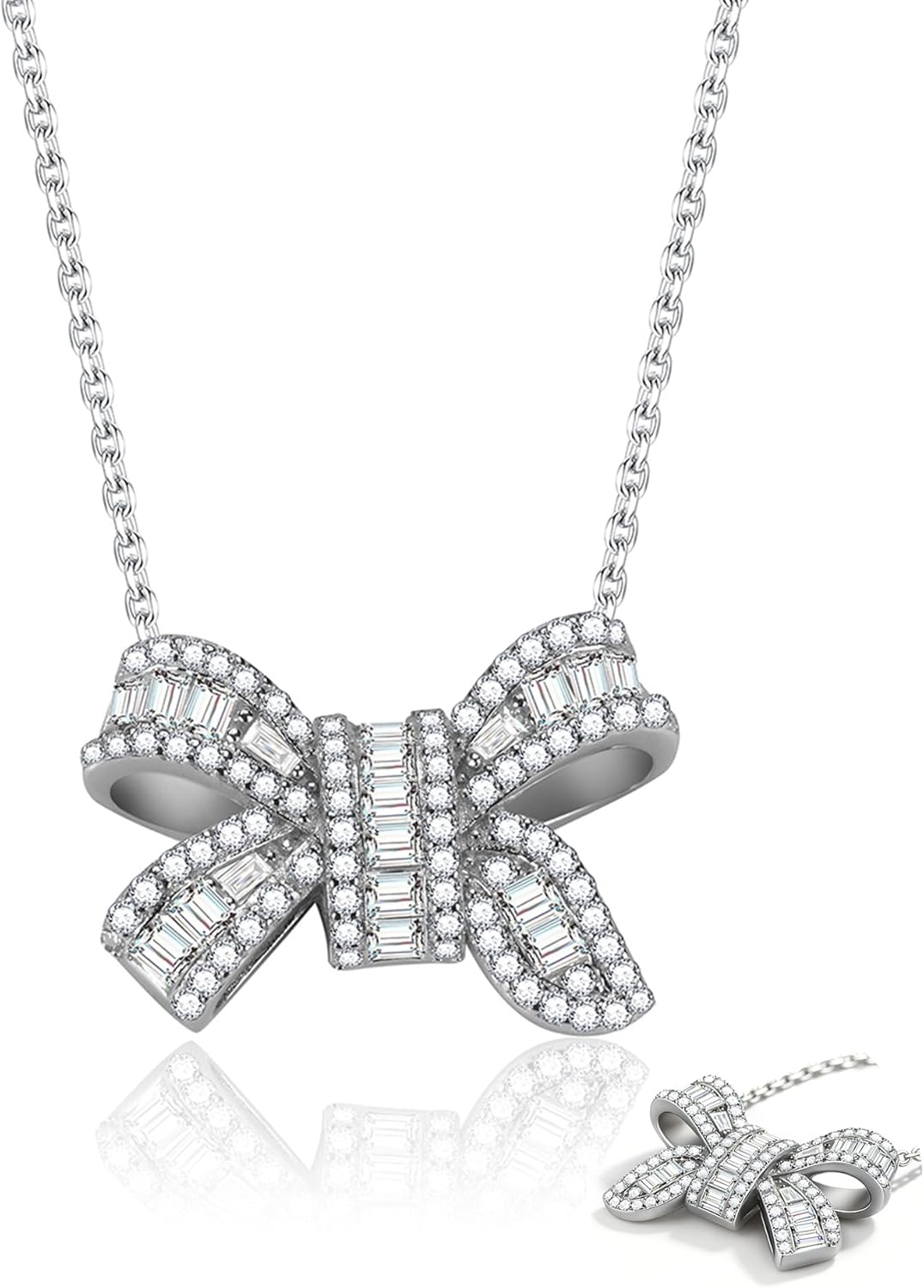 0.8ct Moissanite Bow Necklace for Women, D Color VVS1 Lab Created Diamond Bowknot Pendant, Sparkling Baguette & Trapezoid Cut Ribbon Necklace, 14K White Gold Plated Jewelry Gift for Anniversary Birthday