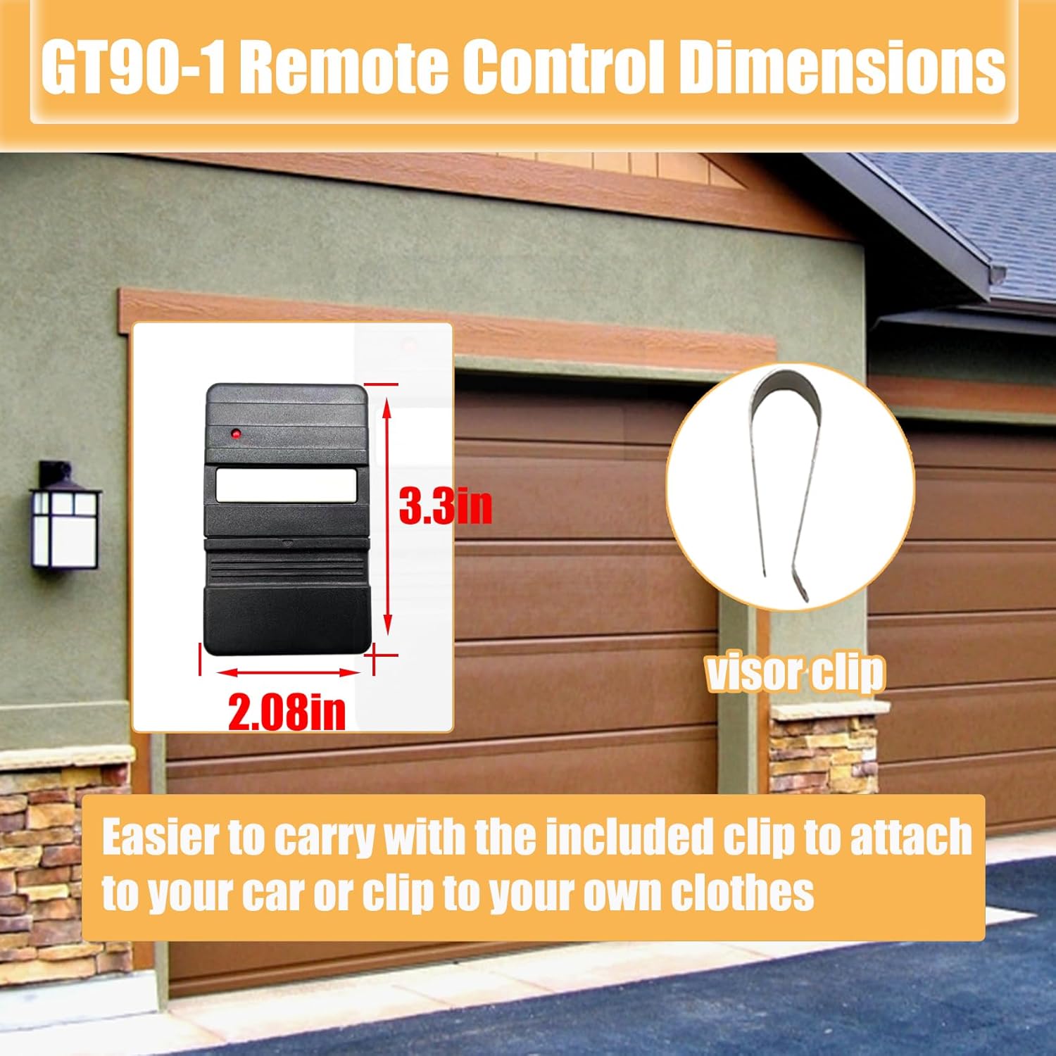 Image showing the dimensions of the GT90-1 remote and its included visor clip.