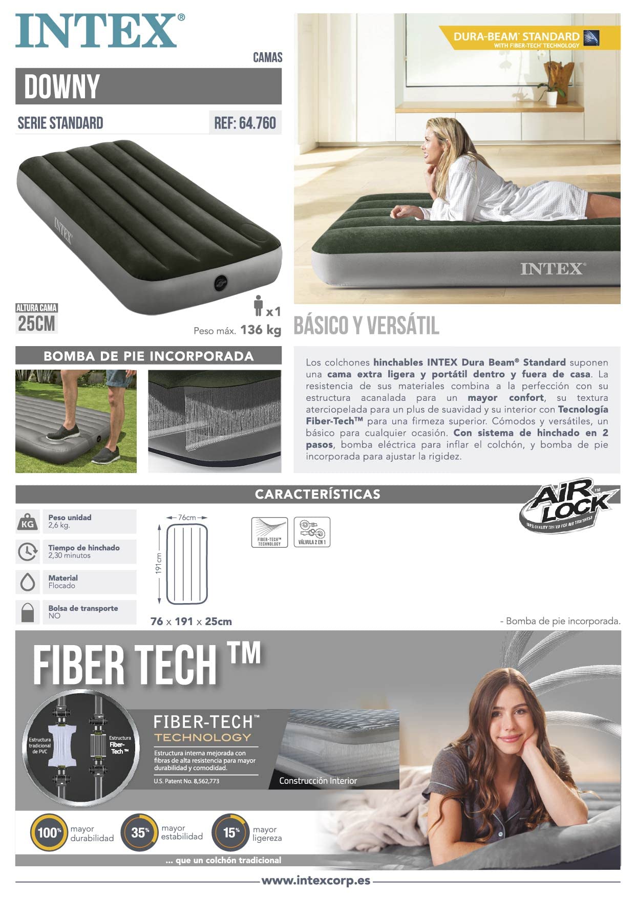 Intex Jr. Twin Dura-Beam Downy Materac Dmuchany, Szary/Czarny, 191 x 76 x 25 cm