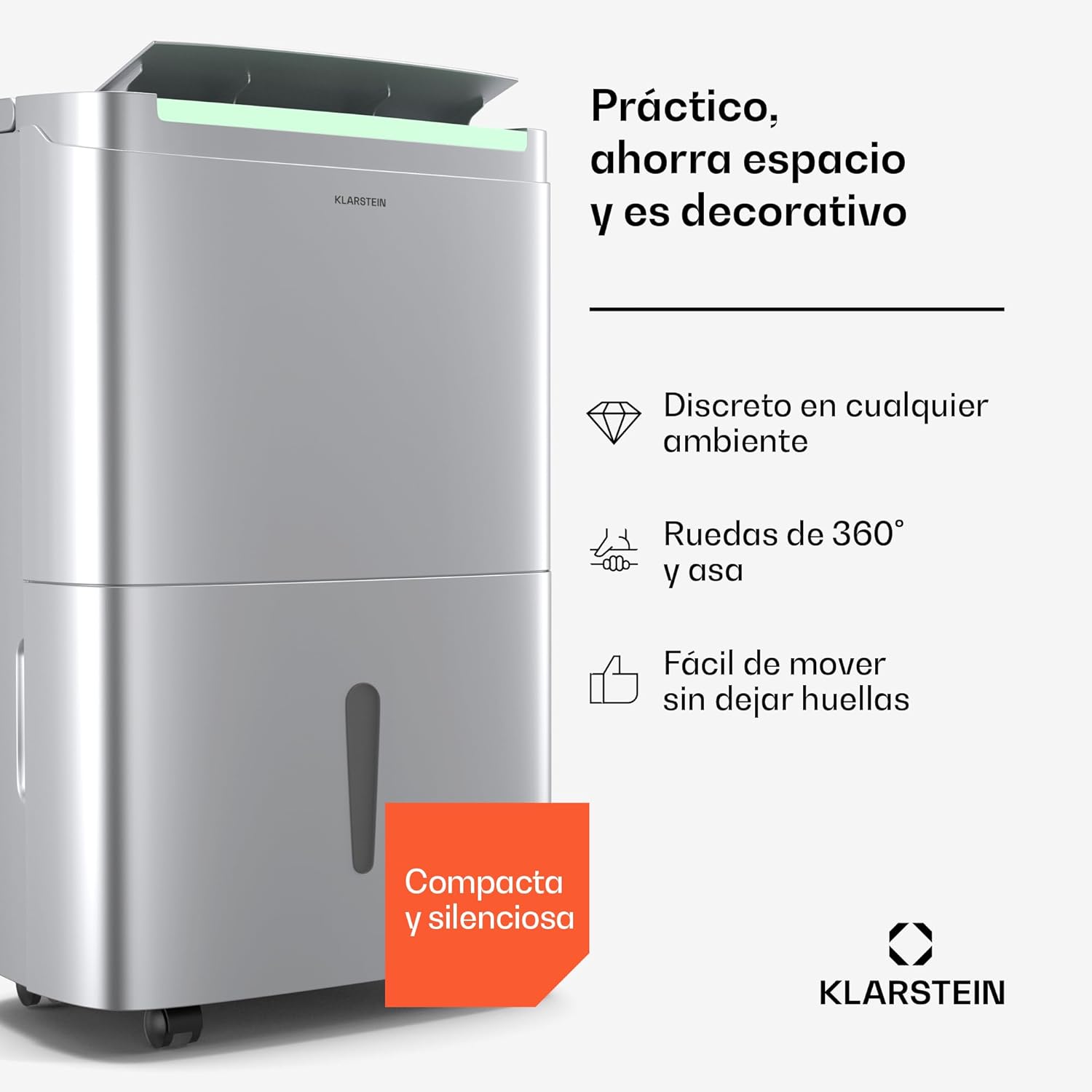 Side view of Klarstein DryFy Connect 50L Dehumidifier showing wheels and handle