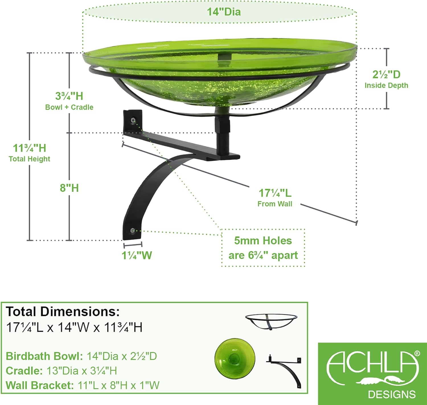 14" Fern Green Crackle Birdbath- Wall Mount Bracket