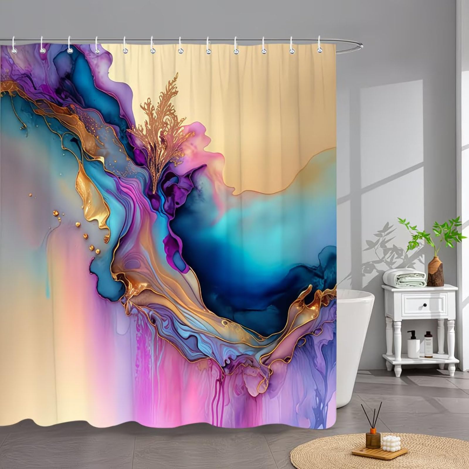 Shower Curtains Golden Purple Marble Wet Room Shower Curtain Mould Proof Resistant Waterproof Polyster Fabric Washable with 12 Hooks Garden Bathroom Curtains (180x180cm)