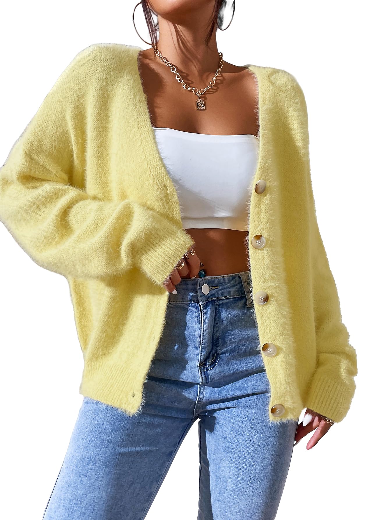 SHENHE Womens Cardigan Sweater Fuzzy Button Down Long Sleeve Open Front Drop Shoulder Cardigan Outwear