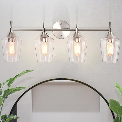 Edvivi Lámpara de tocador de baño de 4 luces, níquel cepillado moderno con pantalla de vidrio transparente, lámpara de pared para espejos,