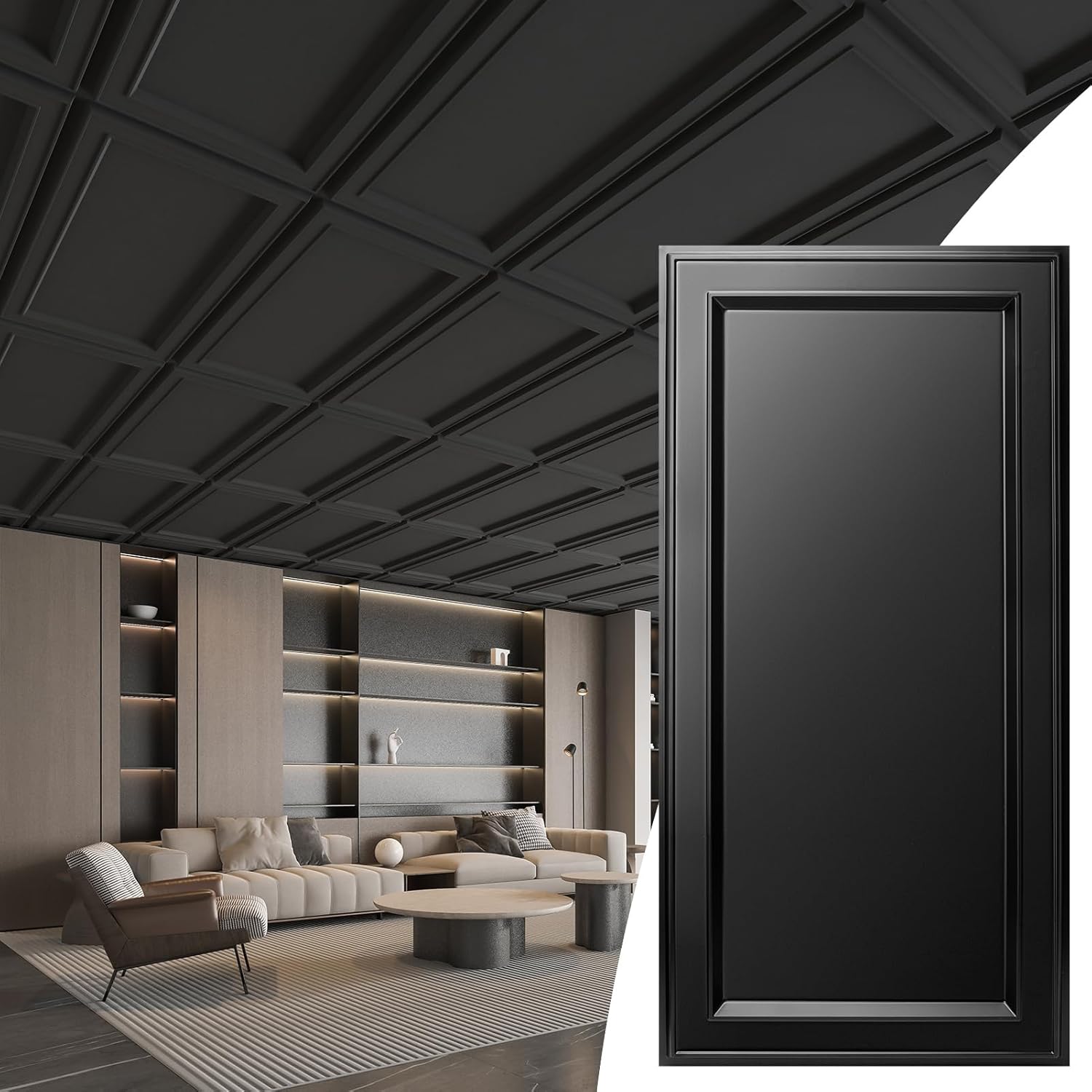 WOWSTAR 12-Pack 2x4ft Drop Ceiling Tiles, Waterproof Glue up Ceiling Panels, Modern Style 3D Wall Panels, Black 2x4ft Black