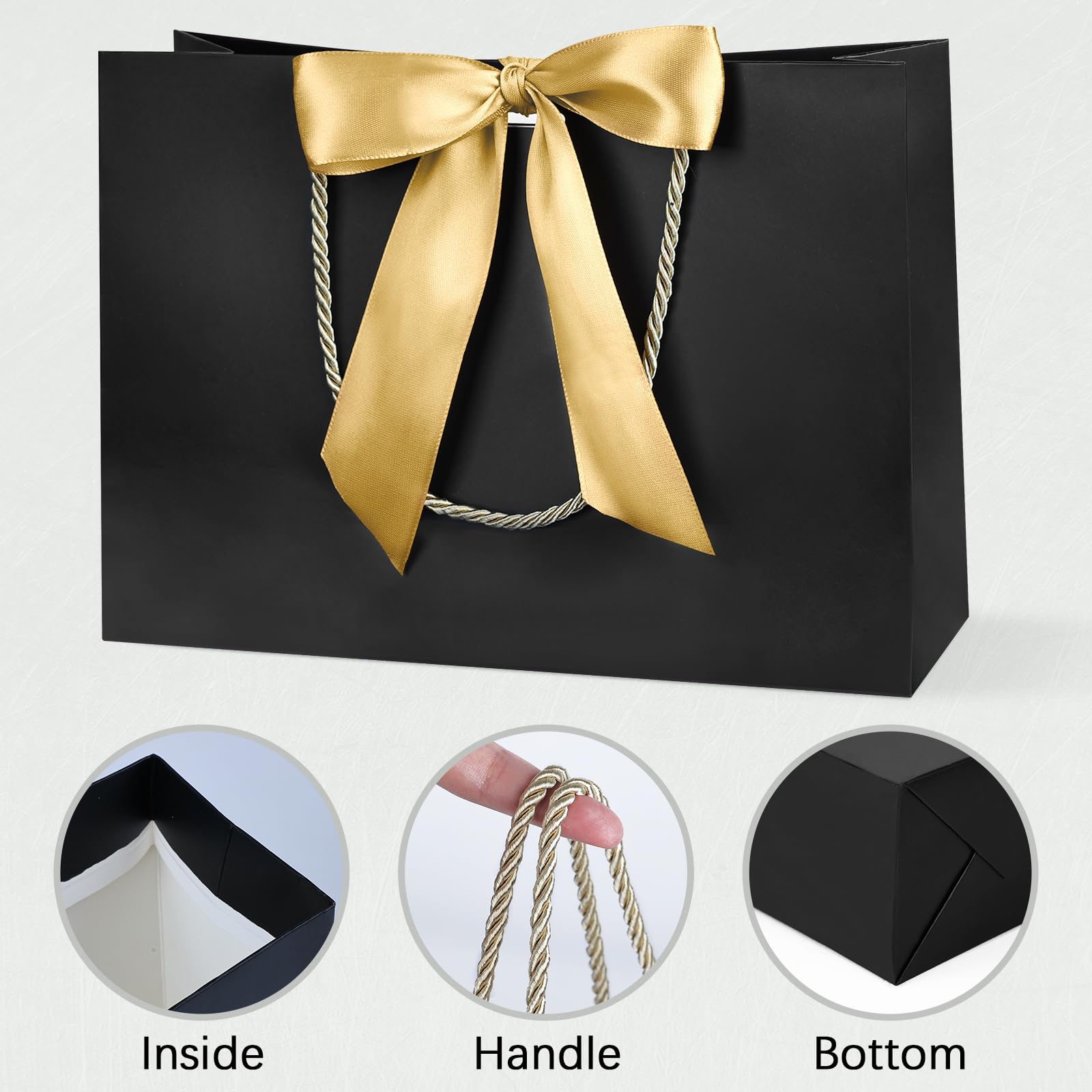 BBLIKE Pochette Cadeau Papier - 2 Pièces Sac Emballage Cadeaux Grand Format Avec Anse, Gift Bag Paquet 28*20*10CM Luxe Avec Noeud 2 Cartes 4 Mouchoirs Pour Fête d'Anniversaire, Mariage (Noir-Gold