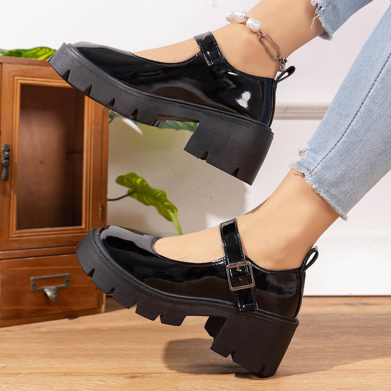 Lolita - Scarpe da donna con plateau Mary Jane, tacco a blocco, in pelle verniciata | Scarpe gotiche con fibbia, da principessa, antiscivolo, con plateau, per costumi cosplay