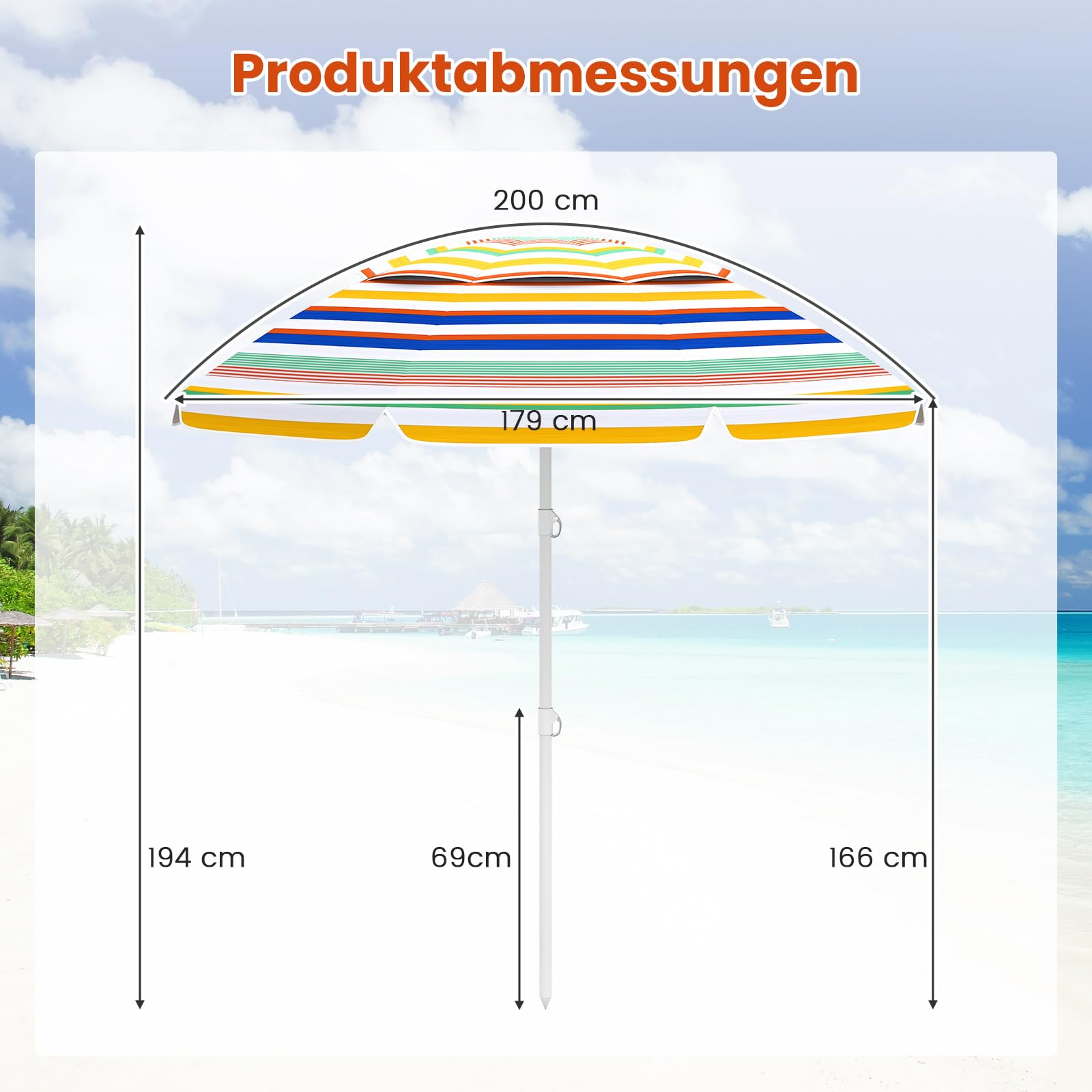 COSTWAY Parasol przeciwsłoneczny na plażę, 179 cm, odporny na wiatr, stabilny UPF 50+, możliwość zginania w zakresie 30°, ochrona przed słońcem z ostrzem do wbijania w ziemię i torbą do przenoszenia