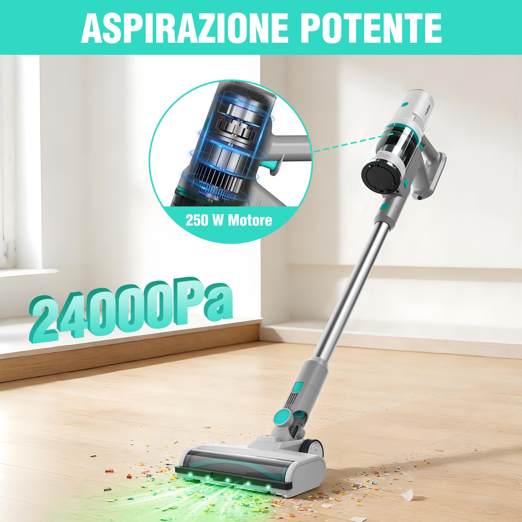 HAUSHOF Aspirapolvere Senza Fili con Stazione, Potenza di 250W e 24kPa – Aspiratore Verticale 3 in 1 con Modalità Notturna, Profumo Integrato, Spazzola a V e LED Verde, Ideale per Casa