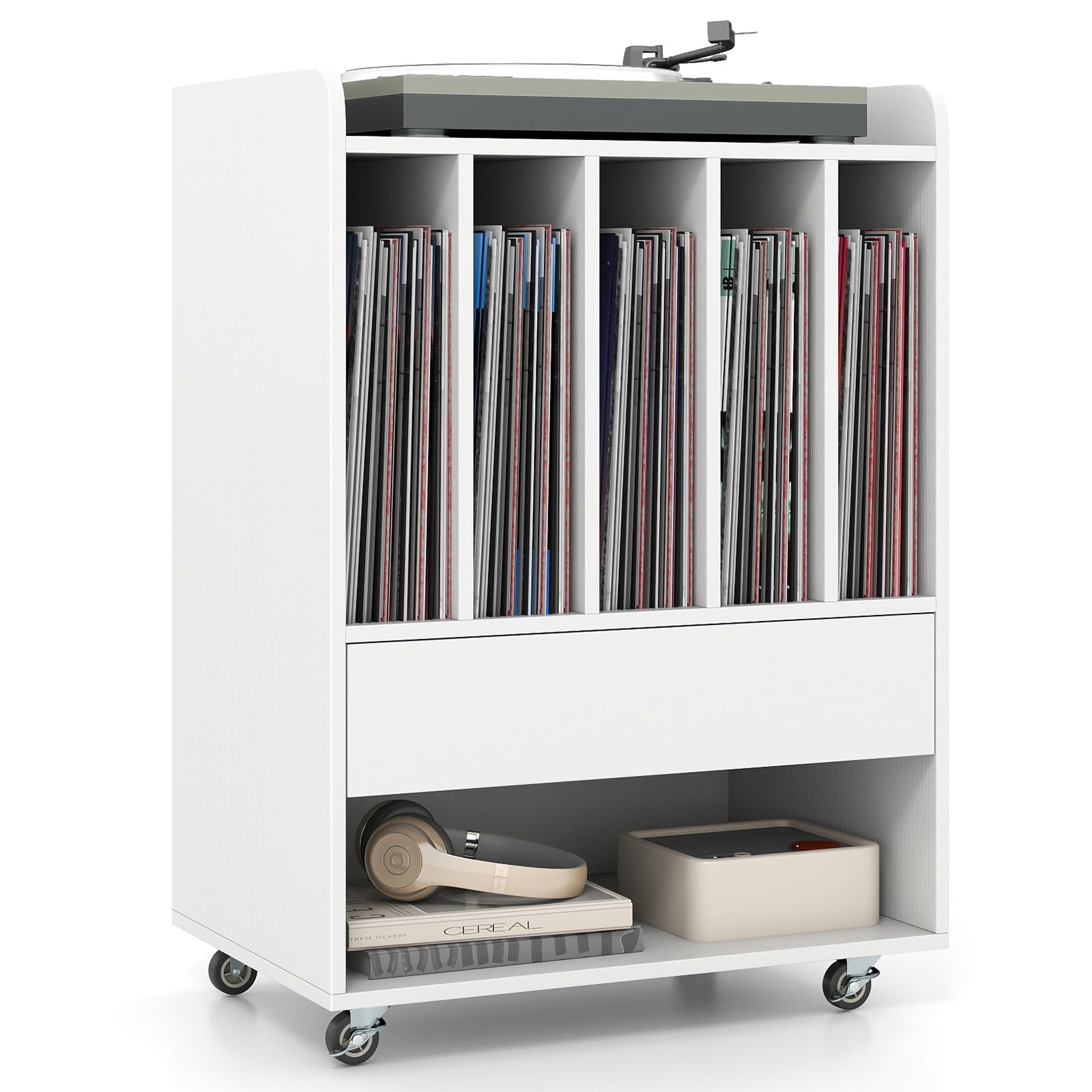 KOMFOTTEU Supporto per Giradischi in Vinile Fino a 180 Album, Mobile Giradischi con Ruote, Mobiletto Portaoggetti con Scomparti Aperti, Cassetto e Ganci per Ufficio, Soggiorno, Studio (Bianco)