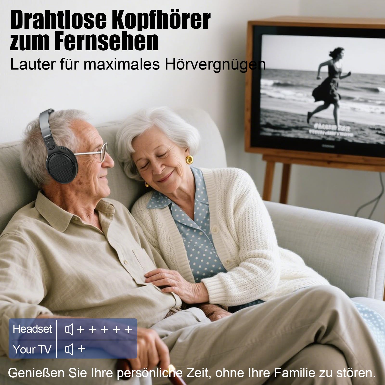 Drahtlose TV-Kopfhörer mit Ladestation und Sender, 2,4-GHz-Funkkopfhörer zum Fernsehen, große Bedientasten und Klangverstärkung für Senioren, Leichtes, Bequemes Bluetooth-Headset, Einfach zu Bedienen