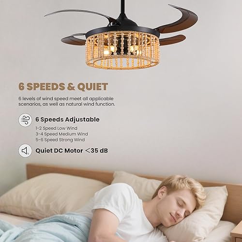 Miniatura 4 de Ventilador de techo retráctil de 48 pulgadas con luces y control remoto, ventilador de araña reversible bohemio con cuentas de madera, ventilador de