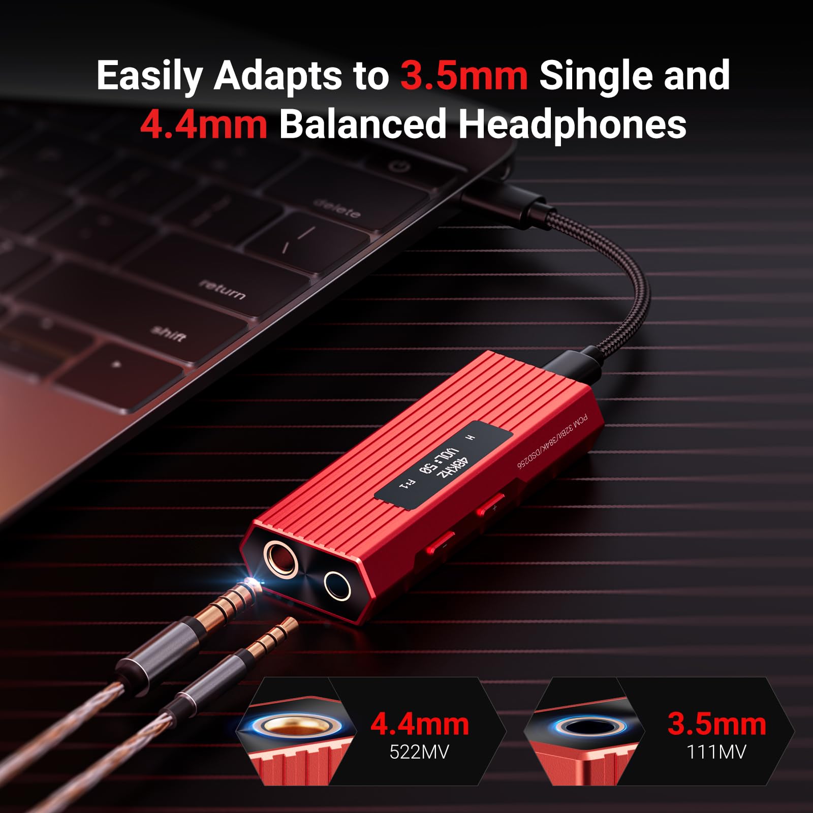 Amplificatore per cuffie USB C DAC, ES9028Q2M amplificatore DAC HiFi portatile, DSD256/PCM 384kHz 32bit, uscite bilanciate da 4,4 mm e 3,5 mm, DAC USB per iPhone 15/16, telefono Android, PC, Mac