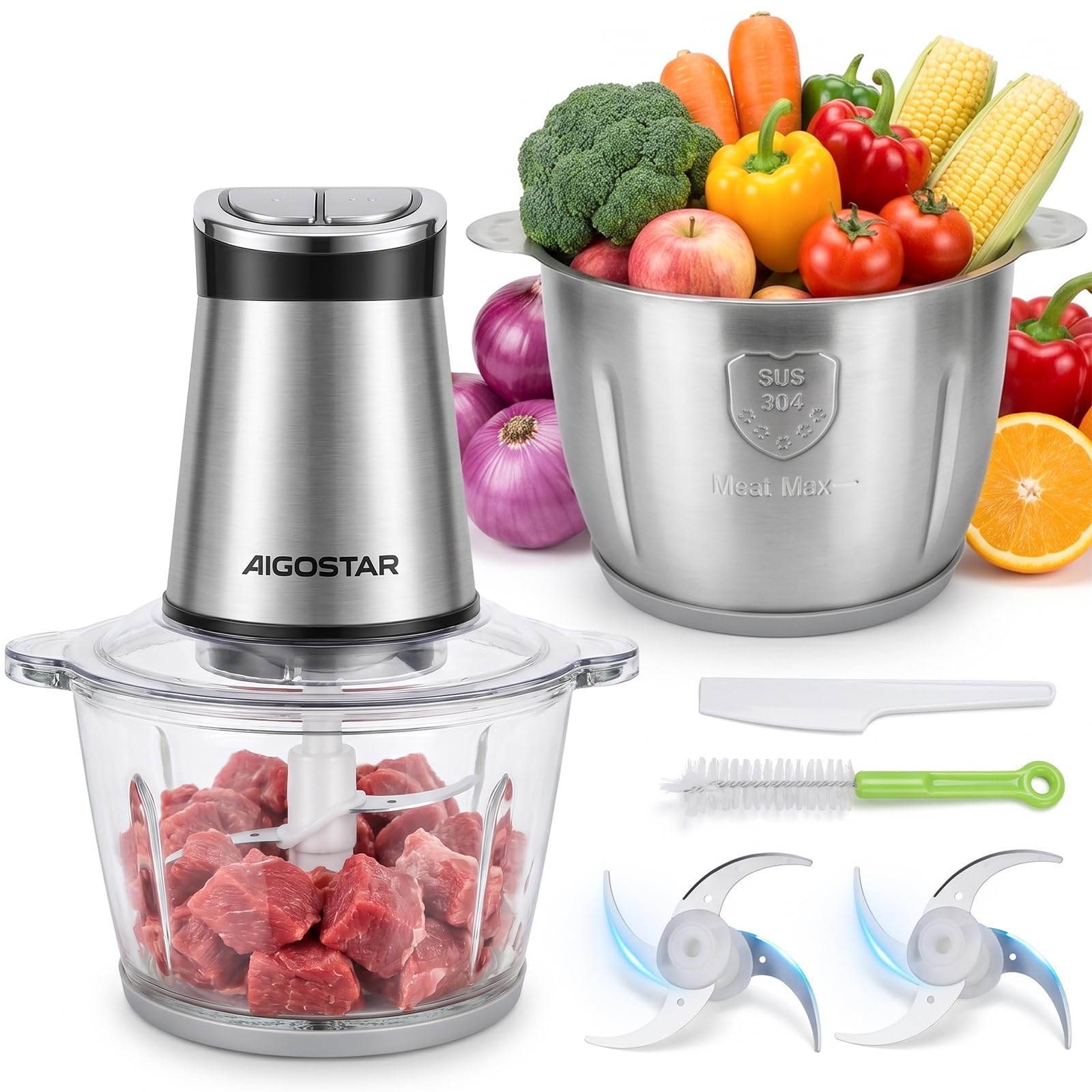 Aigostar Picadora Eléctrica con temporizador LED, 2 Recipientes (3L + 2L) | Trituradora de Alimentos 400W, Sin BPA, 2x4 Cuchillas, 2 Velocidades. Pica Carne, Verduras y Papillas | BIMince