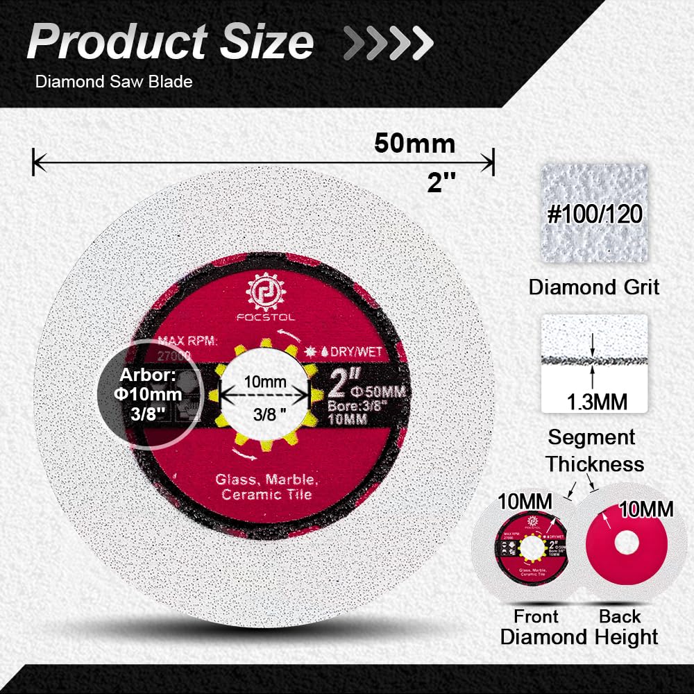 FOCSTOL Diamond Glass Cutting Disc - 3pcs 50 mm Diamond Saw Blade for Glass Jade Crystal Wine Bottle for Mini Angle Grinder with 10 mm Arbor - Image 2
