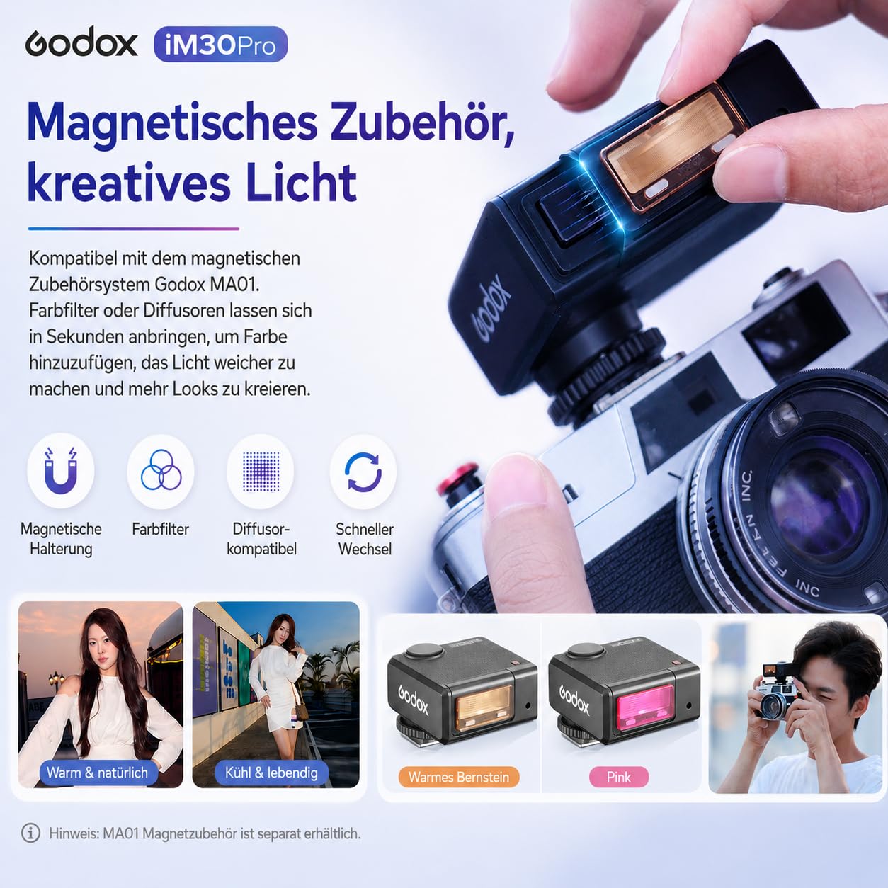 Godox iM30Pro iM30 Pro Mini Kamerablitz, GN15 Kamera Blitz, Auto & M Modus | 550 Blitze, 1,5s Recycling, USB-C, Einzelkontakt-Blitzschuh für Sony Canon Nikon Fujifilm Olympus Ricoh Leica Panasonic