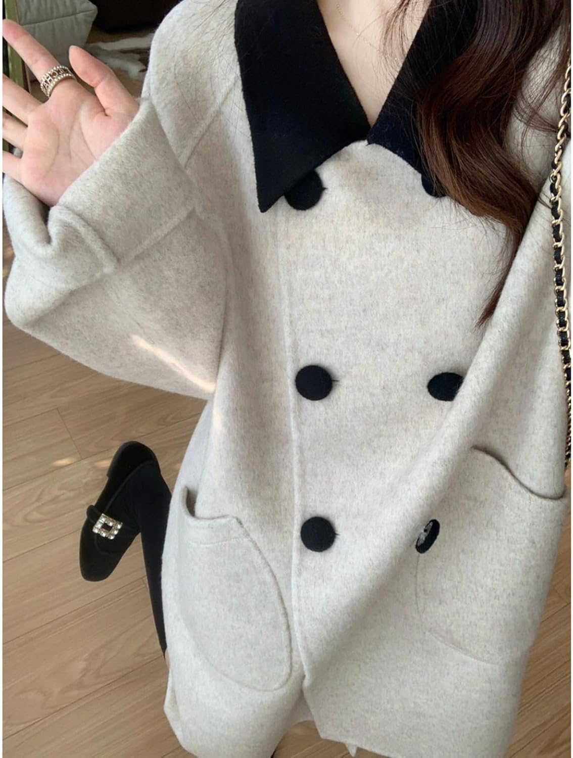 [Sakunaca] 韓国風 チェスターコート レディース 襟付き 優しい 可愛い ダブル ミドル丈 トレンチコート 秋冬 暖かい