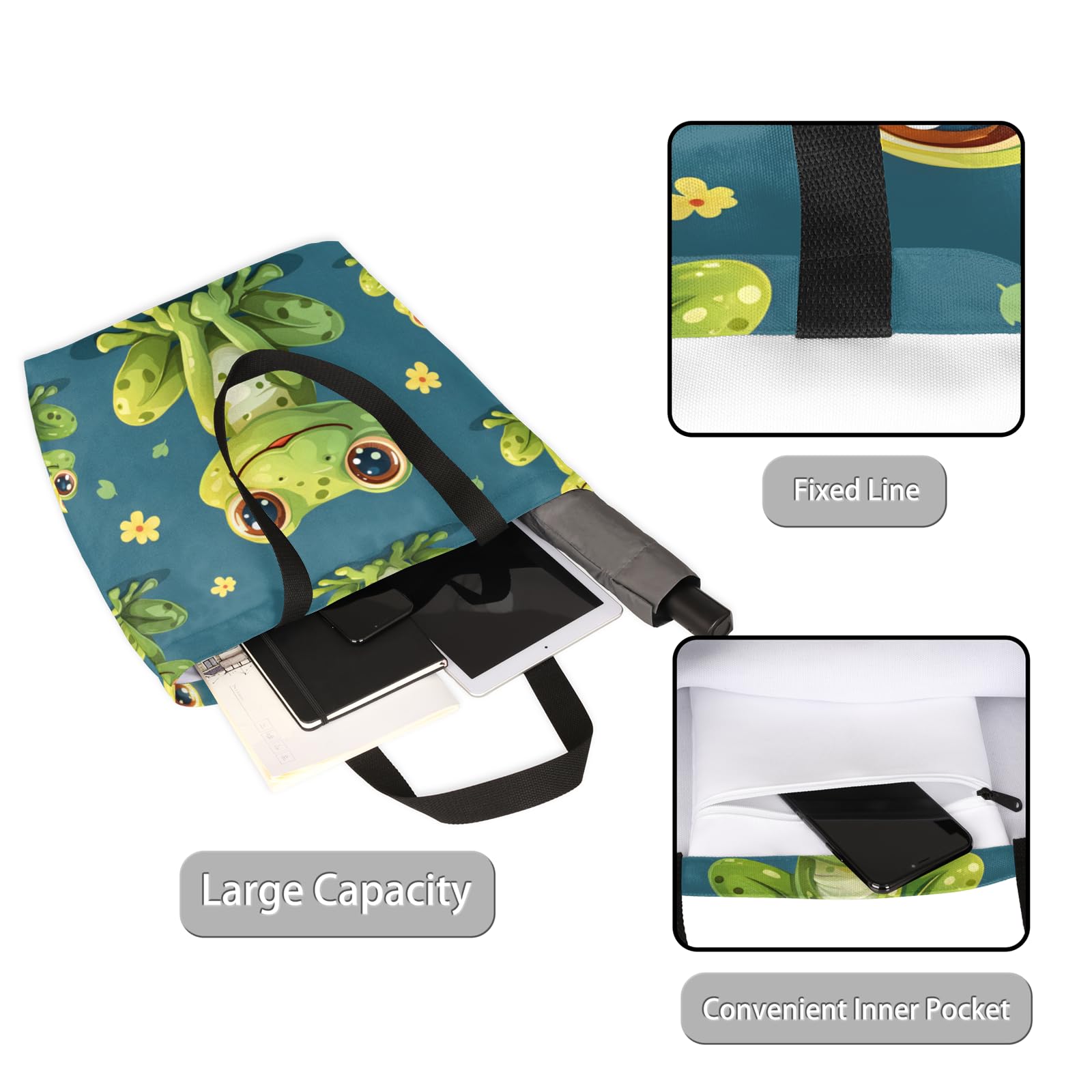 Mularoka Cute Frog Flower Large Capacity Canvas Tote Bag Stylish Handheld Shoulder Bag Reusable Shopping Bag for Work Travel Beach Trips Shopping