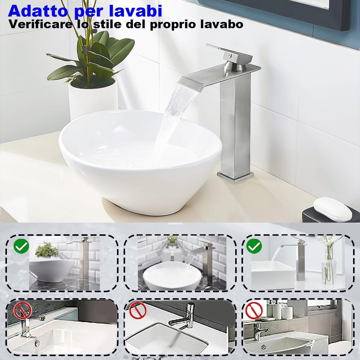 XWIHTR Rubinetto a cascata per bagno, rubinetto per lavabo a una maniglia, rubinetto per lavabo a risparmio idrico; bocca calda e fredda, rubinetto per bagno in ottone in acciaio inox (spazzolato-h)
