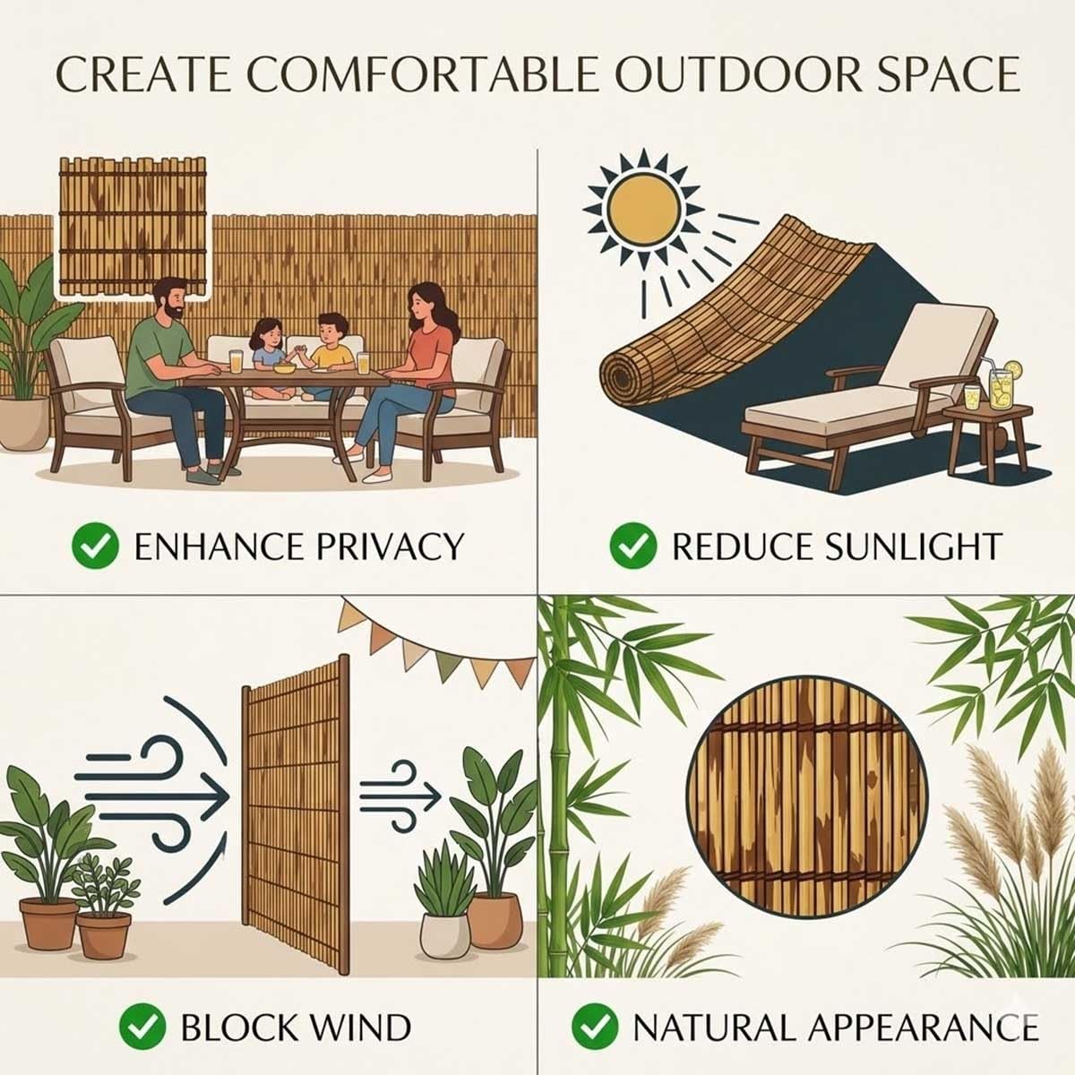 Sichtschutzmatte Garten Bambus Für Balkon Und Terrasse Blickdicht Sichtschutz Zaun Wetterfest Windschutz Schilfrohrmatte Mit Kabelbindern Ohne Bohren 100x500cm 180x300cm(Beige,H80xL950cm)
