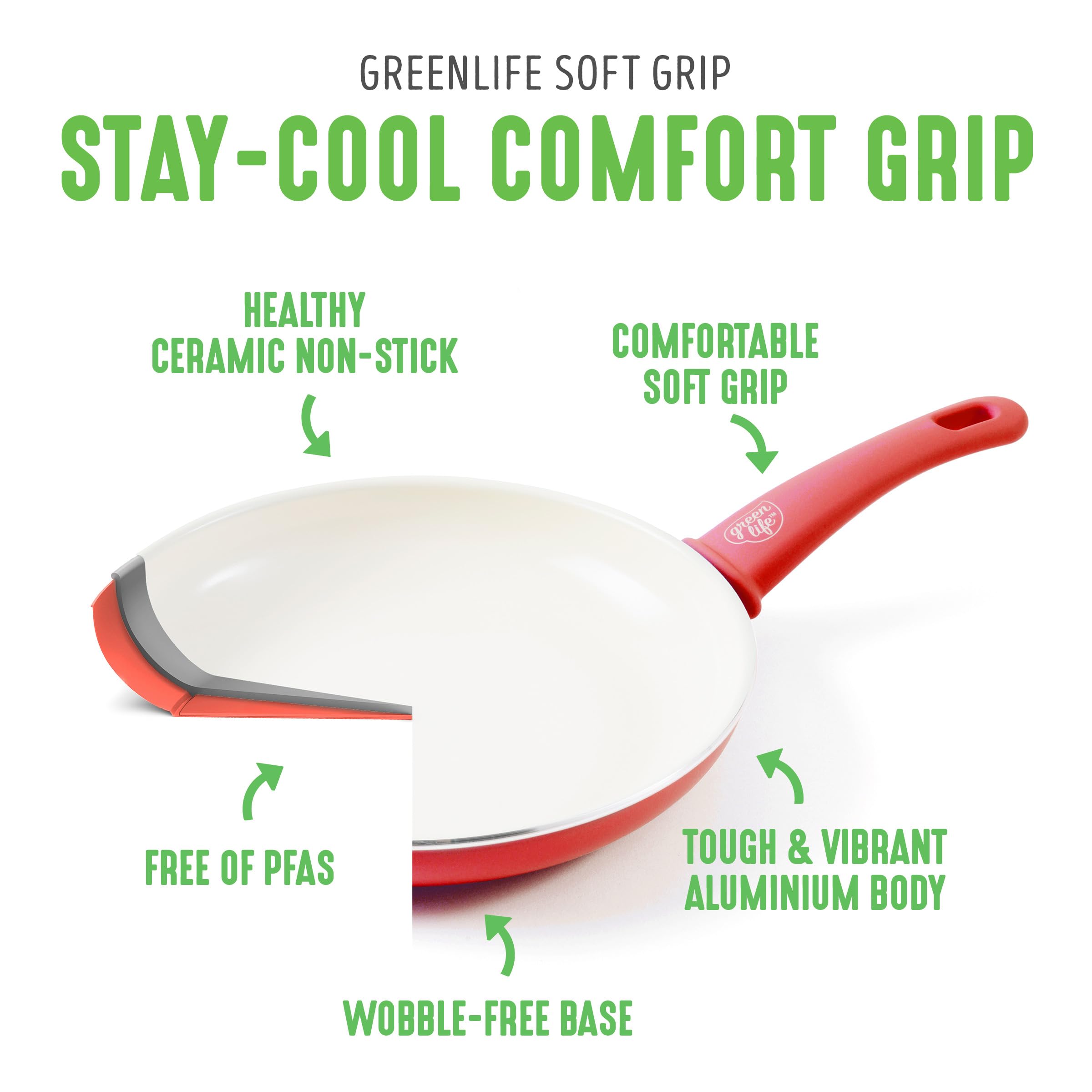 GreenLife Soft Grip Batterie de Cuisine avec Revêtement Antiadhésif Sain en Céramique Sans PFAS 16 Pièces, Avec des Poêles, Casseroles, Faits-touts, Marmites, Lave-vaisselle, Compatible au Four, Rouge