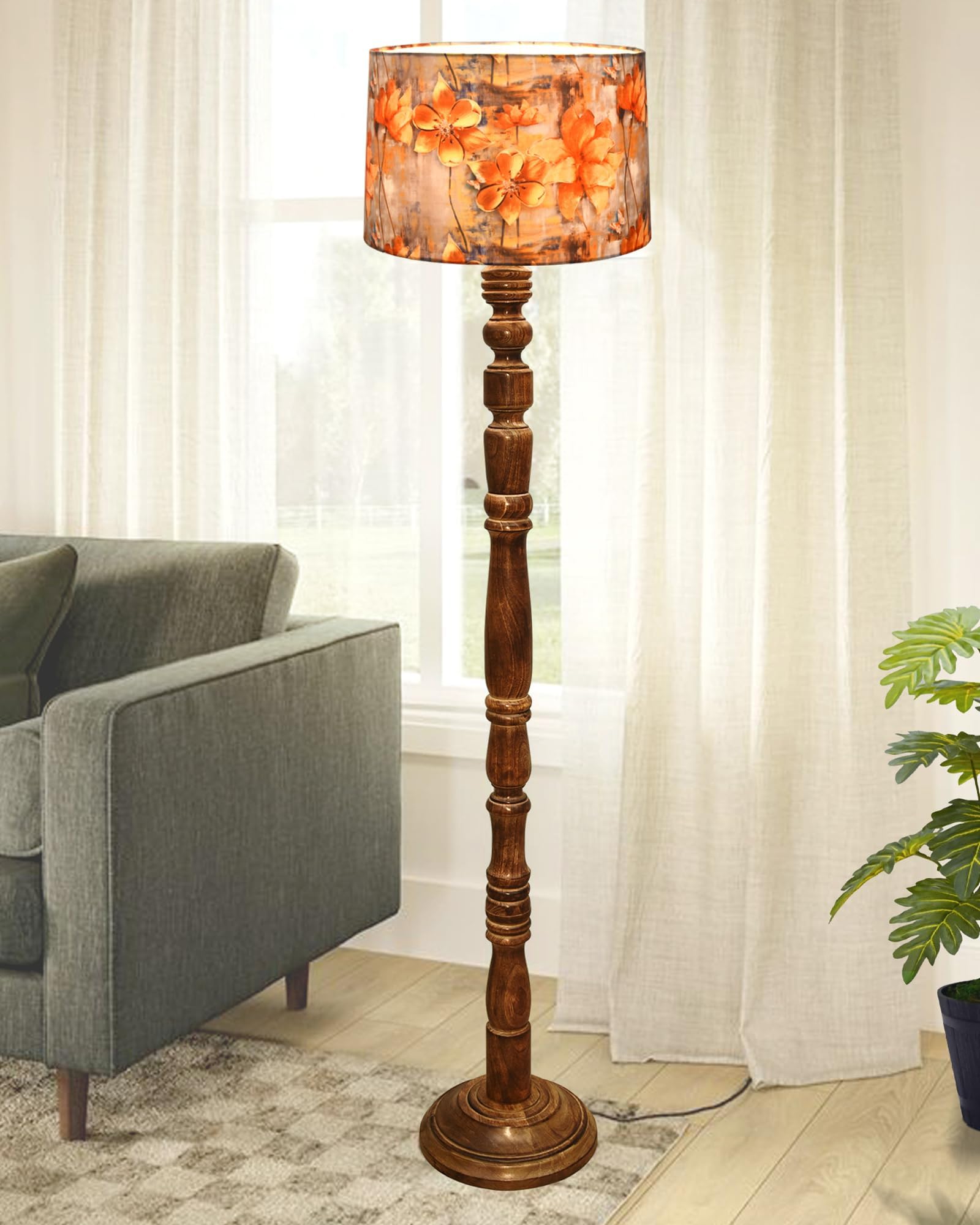 Rustic Wood Floor Lamp for Living Room Walnut Brown with Multicolor Fabric Lamp Shade | Light Decoration for Home Side Lamp for Living Room & Bedroom | Antique Floor Light, Candlestick,