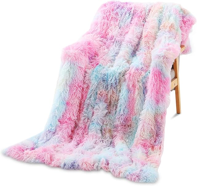 Galatée Fashion Rainbow Blanket 160 * 200cm,Stylish Colors Design Fluffy Blanket,Extra Soft & Warm Microfiber Faux fur Fleece Throw Blanket Suitable for Sofa or Bed (Rainbow)