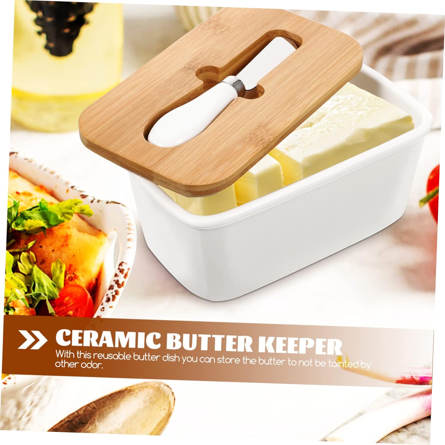 Ceramic Butter Storage Box Set with Cutter Airtight Butter Keeper with Wooden Lid Home Tableware and Slicing
