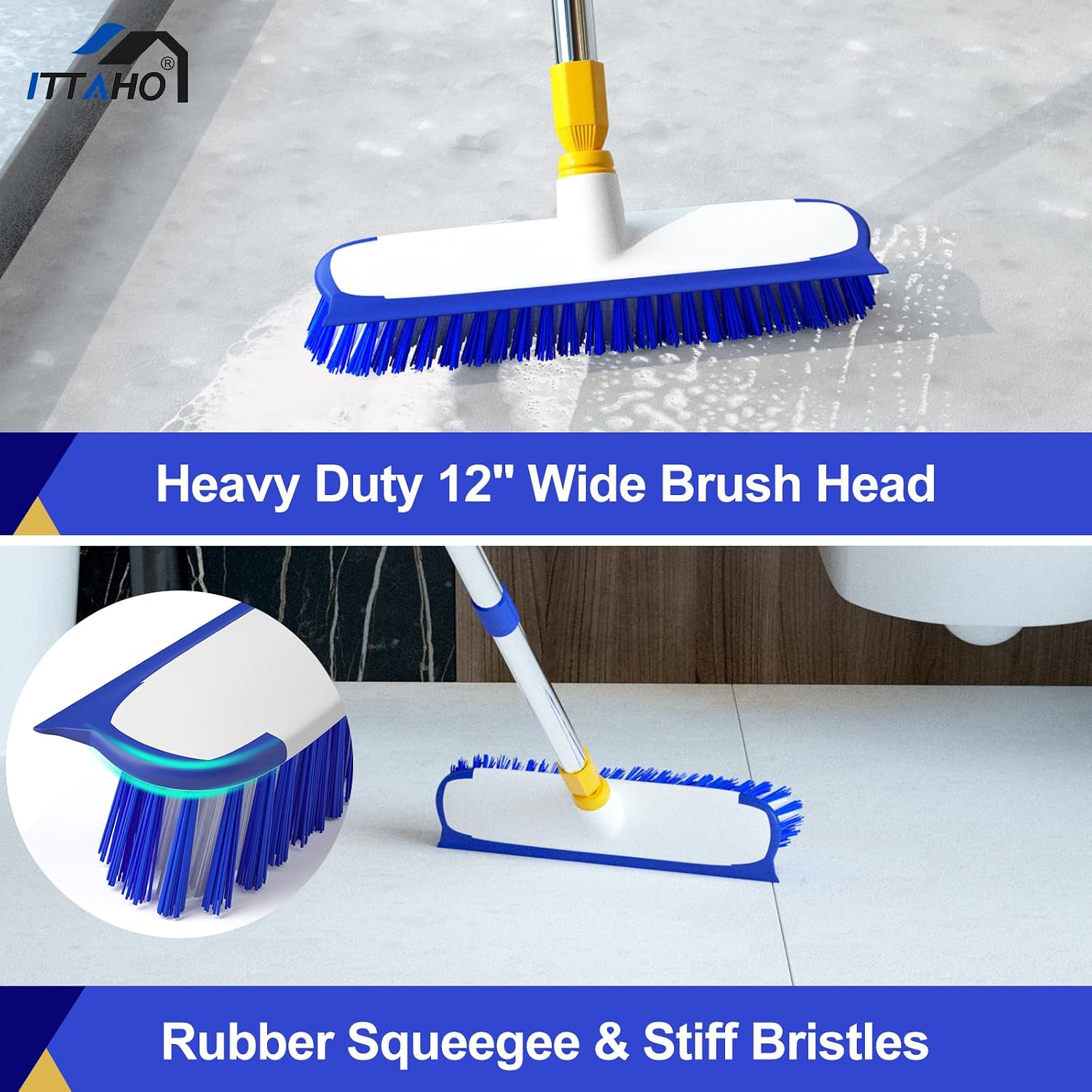 12" Wide Floor Scrub and Grout Brush Set With Long Extendable Handle - Stiff Bristle Heavy Duty Cleaner for Tile, Deck, Garage, Kitchen, Bathroom image 3