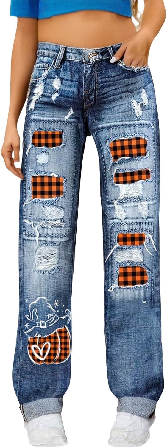 Distressed Jeans for Women Plus Size High Waisted Straight Leg Halloween Ripped Jeans with Iron Non Pumpkin Patches