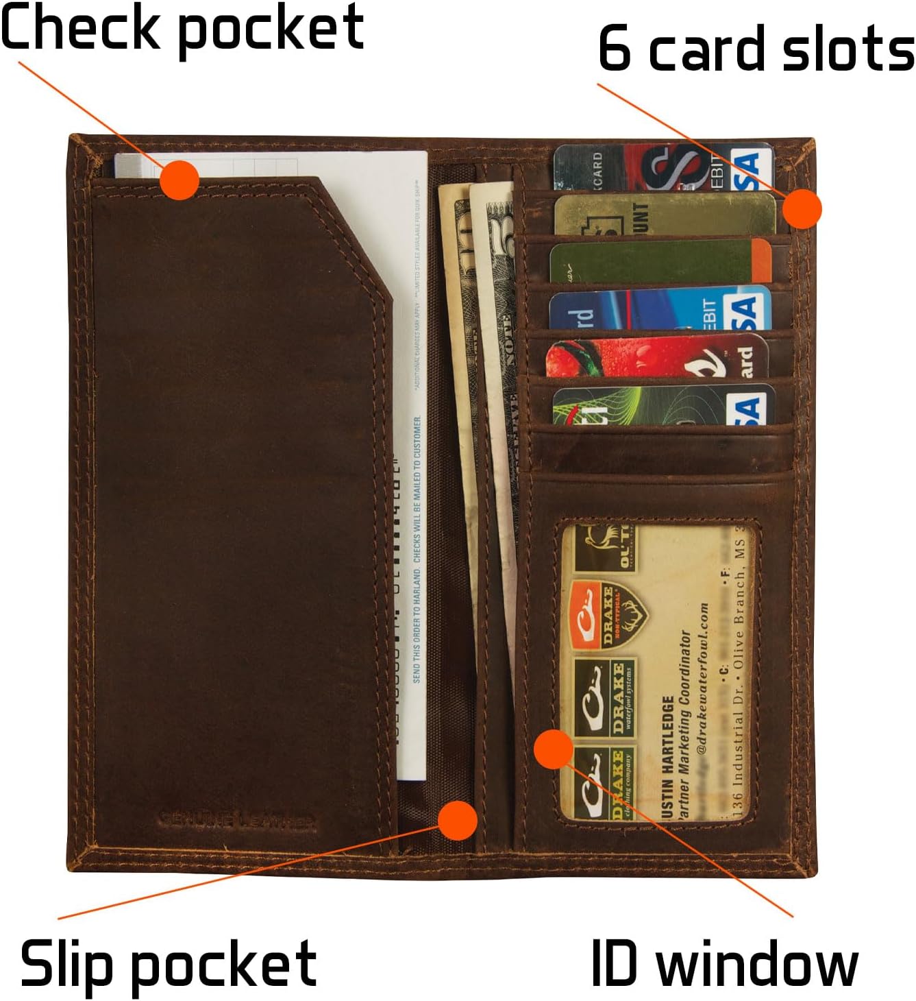 Drake Waterfowl Unisex Durable Full Grain Leather Checkbook Wallet image 3