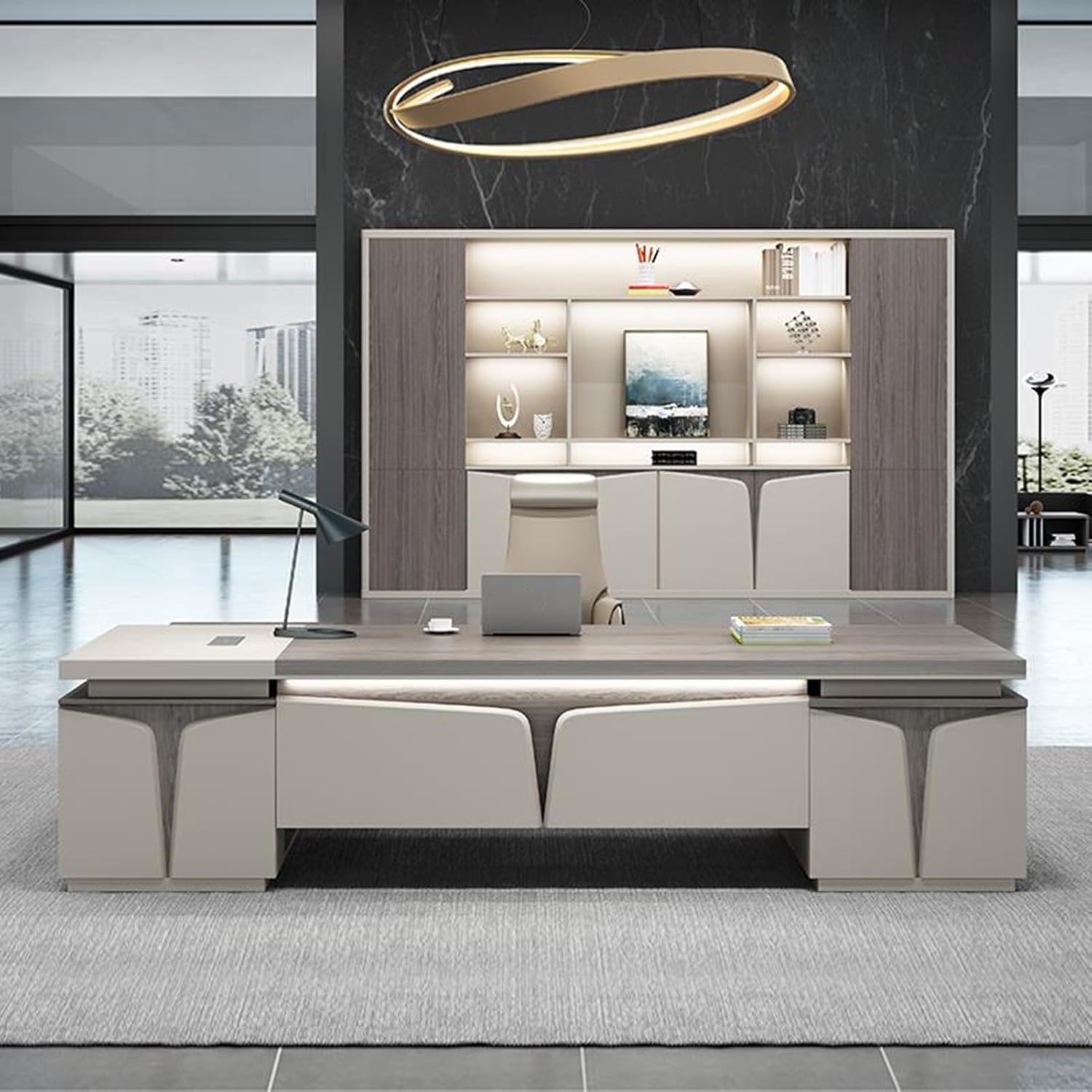 Brown L Shaped Computer Desk Executive Office Desk with File Drawers Writing Study Table Business Furniture Set for CEO Boss