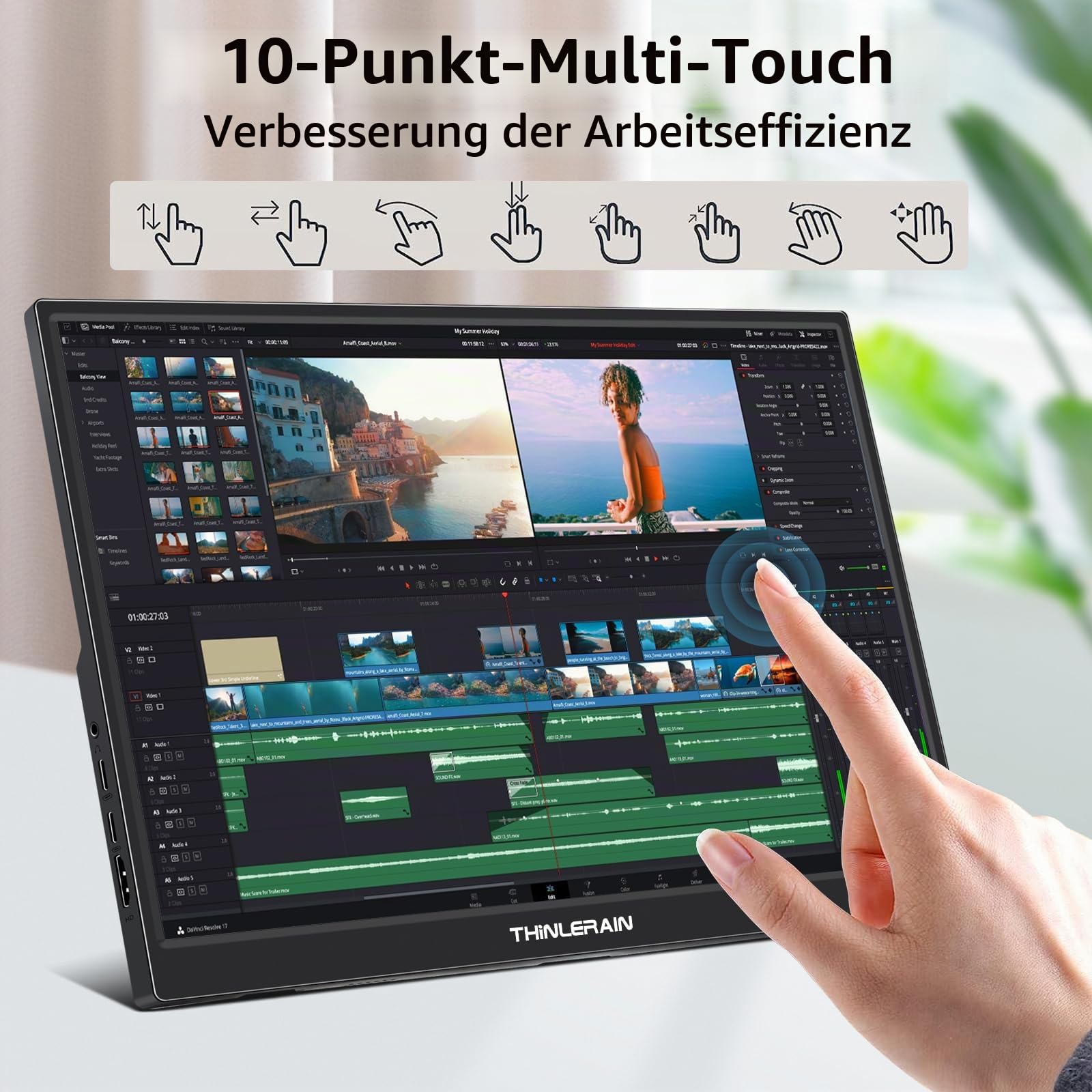 14 Zoll Touchscreen Monitor Tragbar FHD 1920 x 1200 IPS Bildschirm, USB C und HDMI Anschluss, externer Monitor Portable für PC und Smartphone, integrierter Lautsprecher und Ständer
