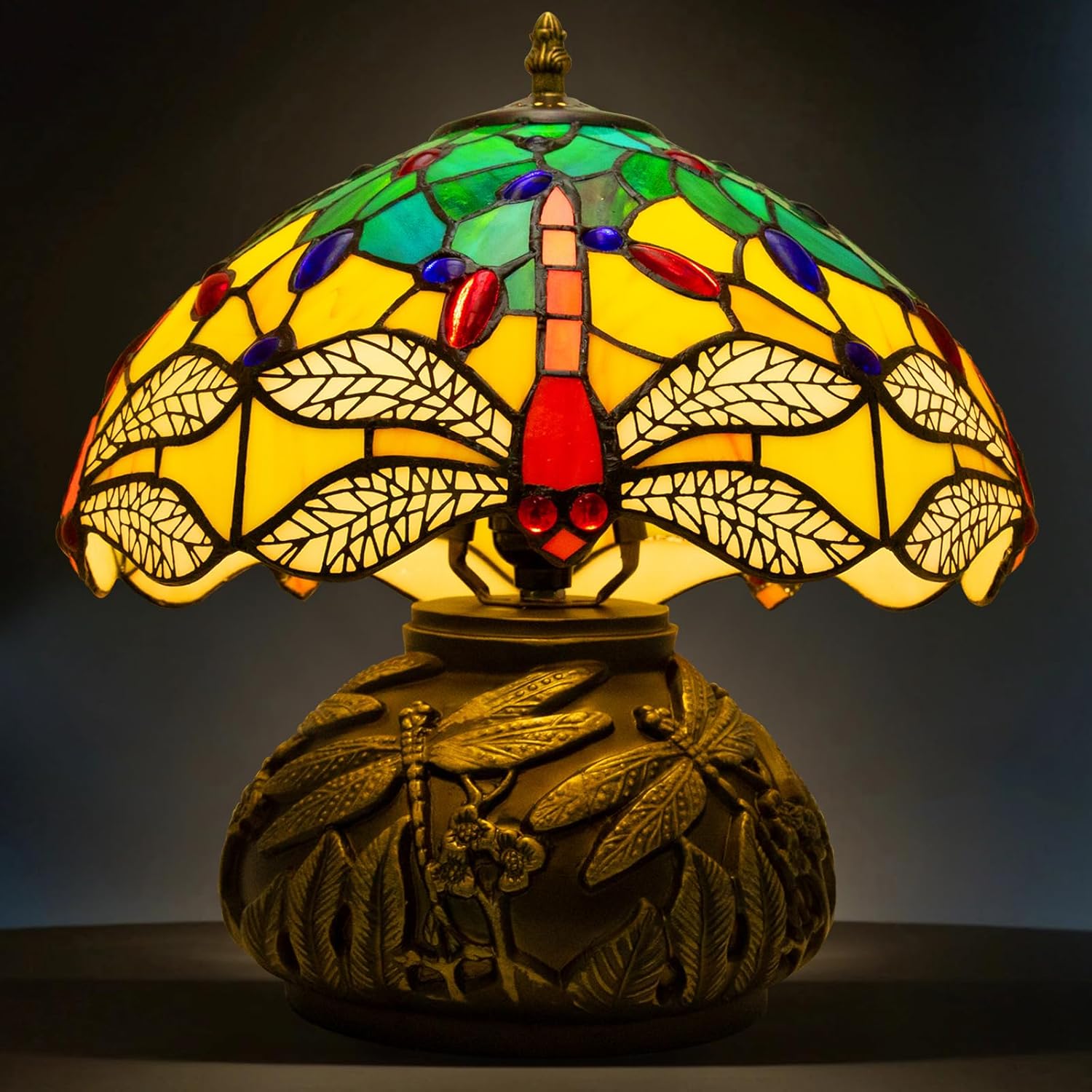 Tiffany Lamp,12 inch Stained Glass Lamp,Dragonfly Tiffany Style Table Lamp Included E26 LED with Remote Control for Bedside,Living Room,Dining Table,Antique Office(Blue Leaf)
