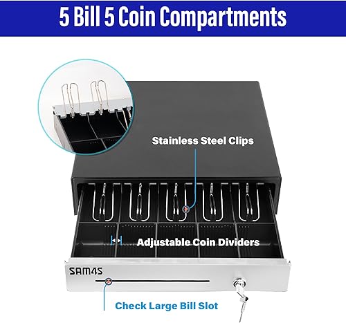 Miniatura 6 de SAM4s - Cajón de efectivo manual de 16 pulgadas, color negro, resistente, con acero inoxidable de 5 billes5 monedas