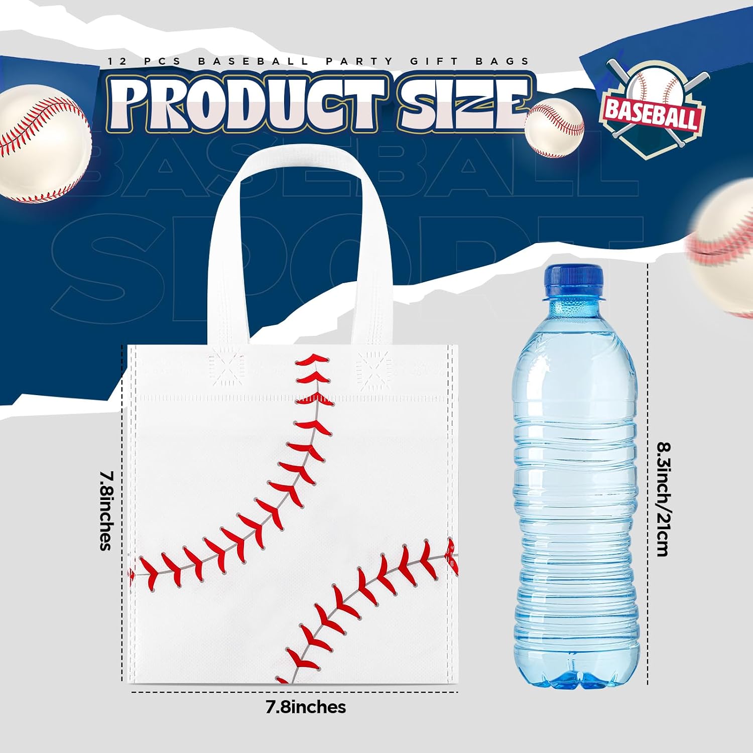 Sweetude 12 Pcs Baseball Party Gift Bags Sports Theme Candy Goodie Bags 7.8 x 7.8 Inch Baseball Non Woven Totes with Handles for Sports Party Favors Birthday Decor Supplies image 2