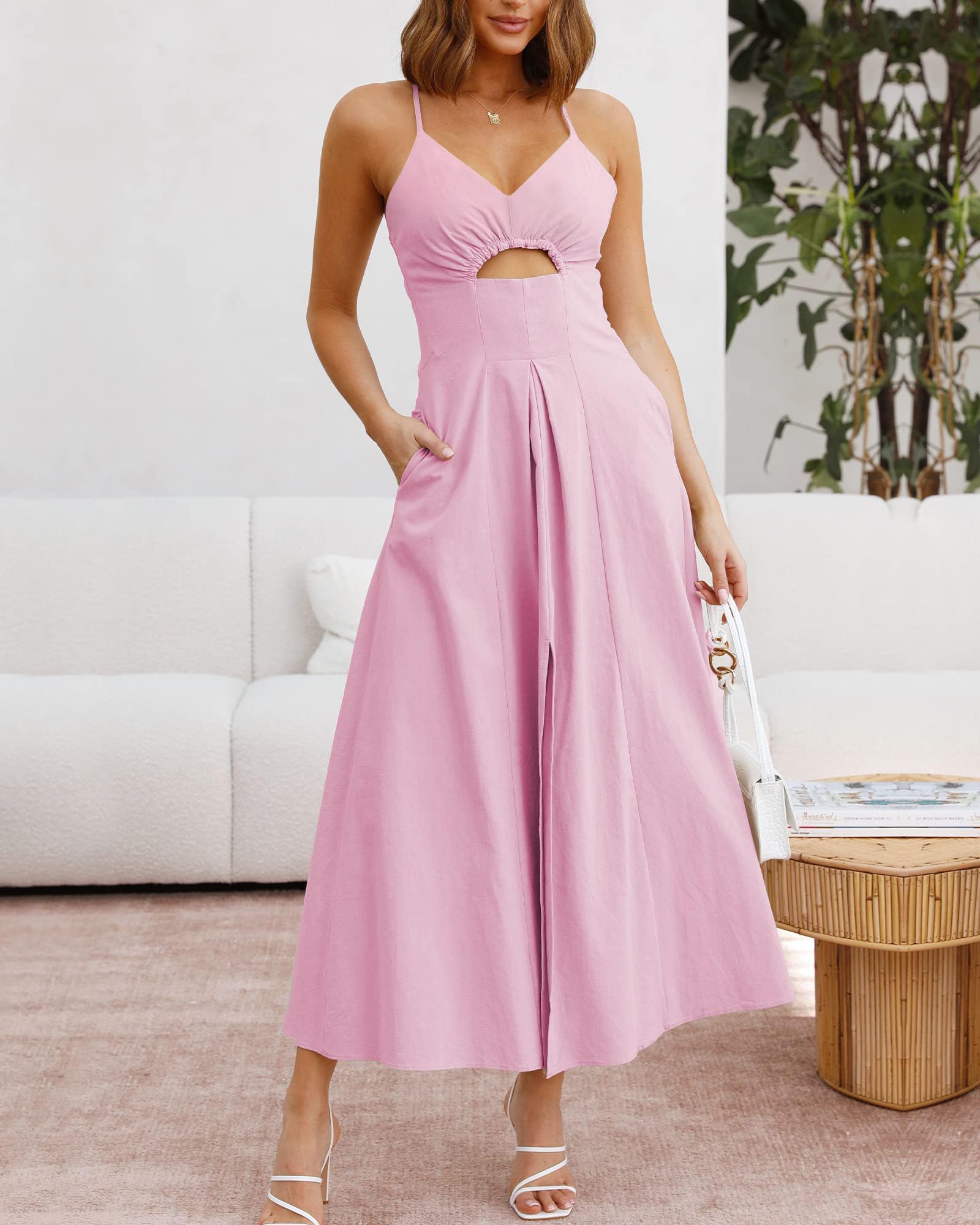 BTFBM Summer Dresses For Women 2026 Spaghetti Strap Midi Sundress V Neck Cutout Slit Casual Beach Vacation Maxi Dress: XX-Large Pink