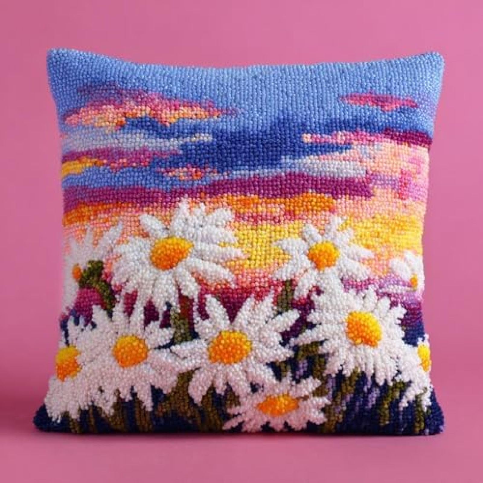 kitphoenix Latch Hook Cushion Cover Kit for Adults,Chamomile Flowers and Sunset,DIY Pre-Printed Punch Needle Embroidery Kit 43x43cm with Yarns & Hooks,Beginner Craft Gift for Women