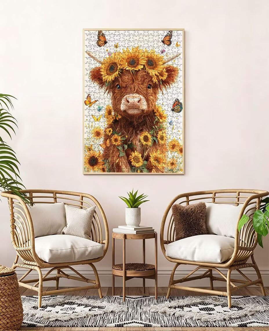 Puzzle 1000 elementów, Sunflower Highland Krowa Puzzle dla dorosłych 1000, niemożliwe klasyczne układanki, drewniane układanki, gra rodzinna, do gry edukacyjnej wyzwanie, dekoracja prezent BXHZW5-921