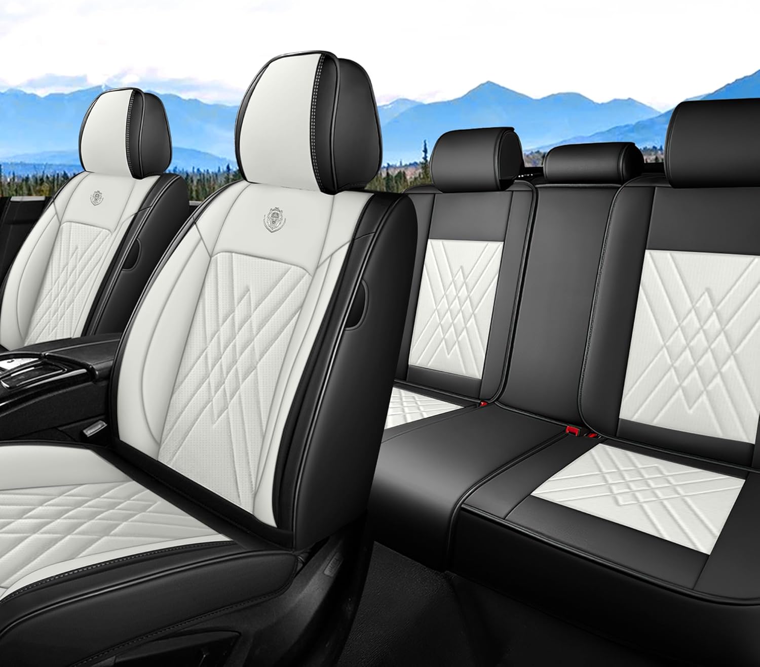 Seat Covers Full Set Custom Fit for Kia Seltos 2020-2026,Standed 5 Seats Full Coverage Waterproof Leather Seat Cover for Car, Non-Slip Car Seat Cushion(Black White)