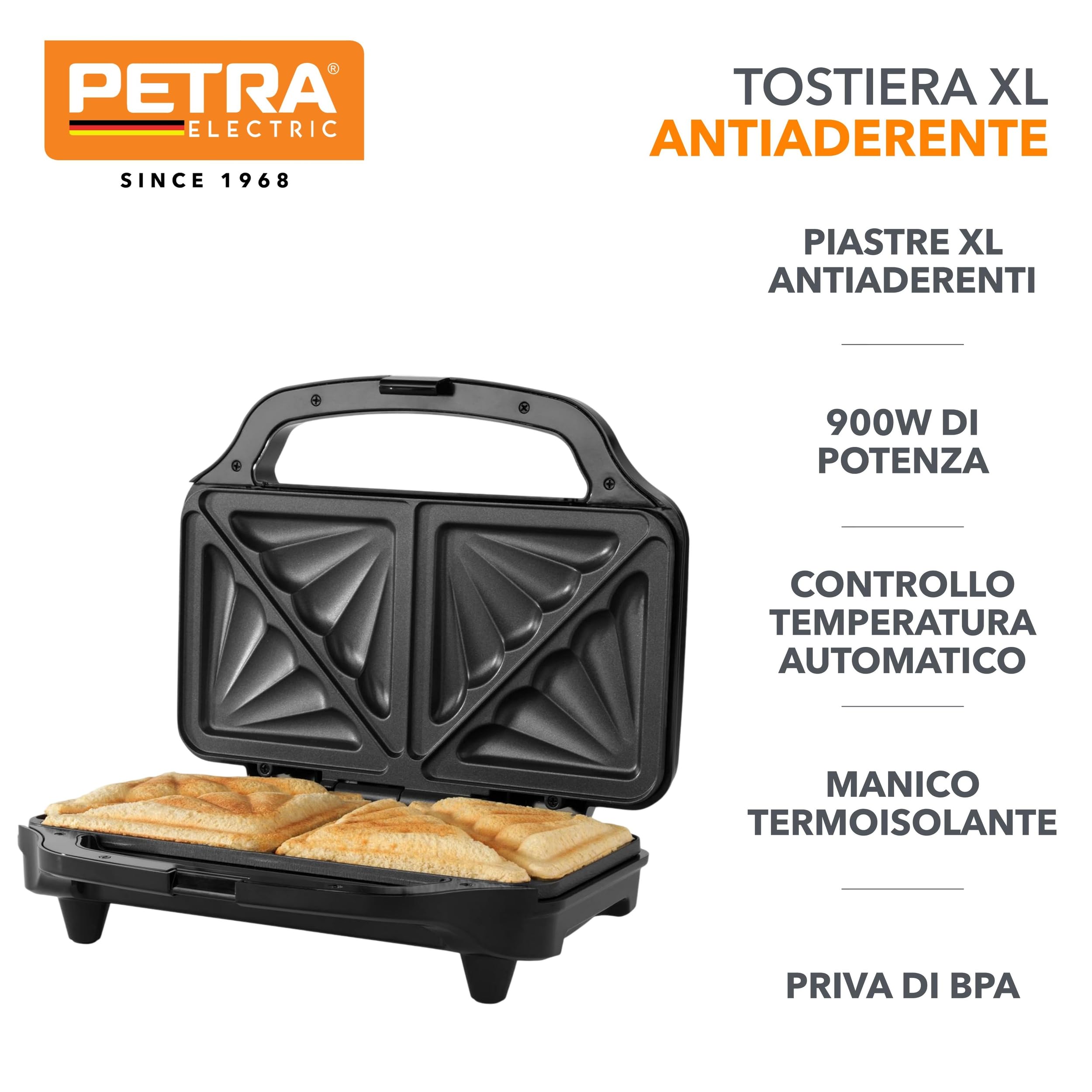 Petra PT2017TVDE XL Tostiera - Sandwich Maker, Piastra per Toast, Dolce e salato, 900W Antiaderenti piastre quadrate, manico termoisolante, controllo automatico della temperatura, senza BPA