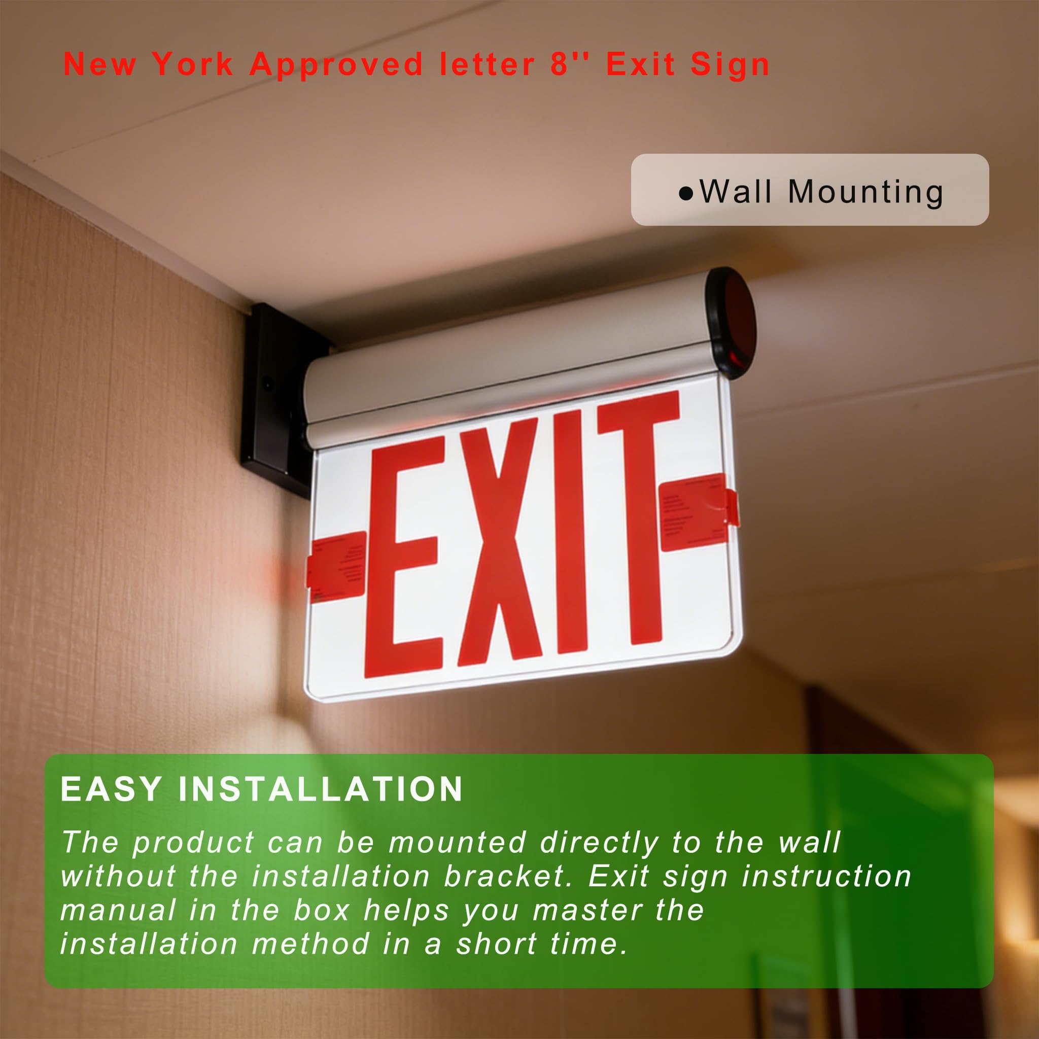 New York GRMSEL-200 - Luz de emergencia empotrada con letra de salida aprobada de 8 pulgadas, carcasa de una y doble cara, opcional, panel acrílico reemplazable, certificado UL, GRMSEL-200