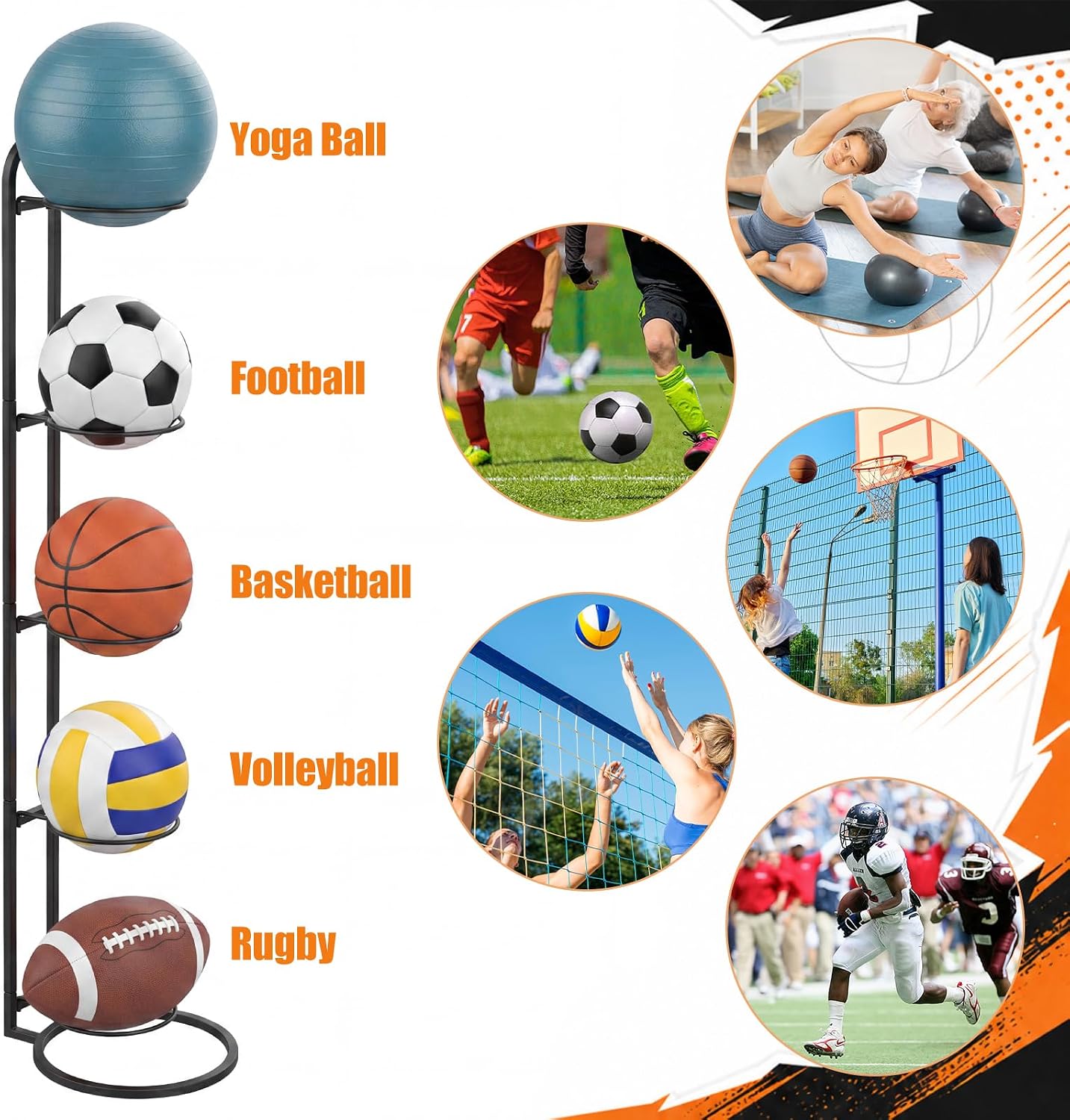 Thenshop Ball Storage Rack Cube Ball Storage Holder Vertical Balls Rack Basketball Stand Carbon Steel Sport Equipment Organizer for Basketball Football Volleyball