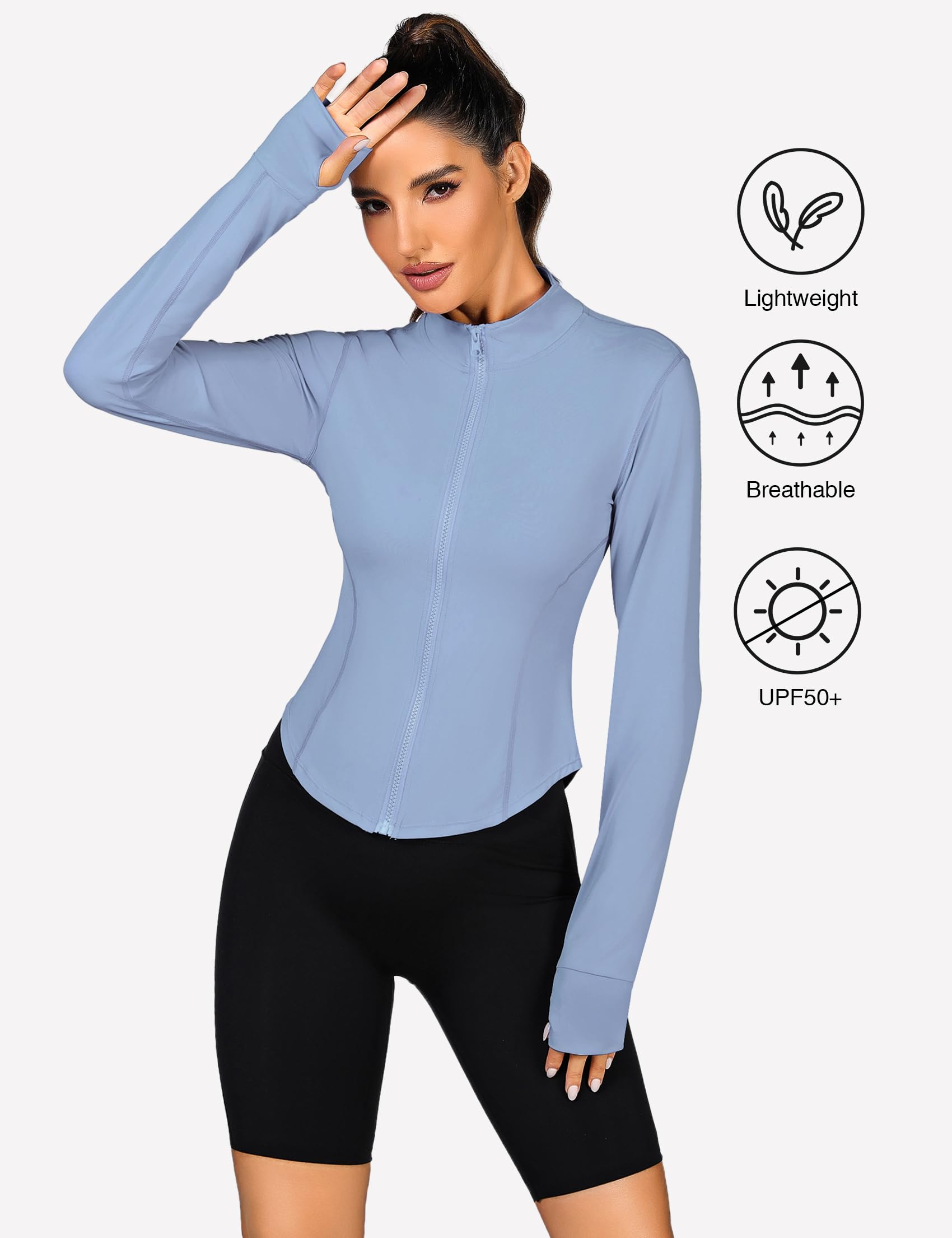 Terecey Giacca Sportiva Donna con Zip Giacca da Corsa Traspirante Leggera Giacca Running Donna a Maniche Lunghe con Fori per i Pollici per Yoga Jogging Fitness S-XXL