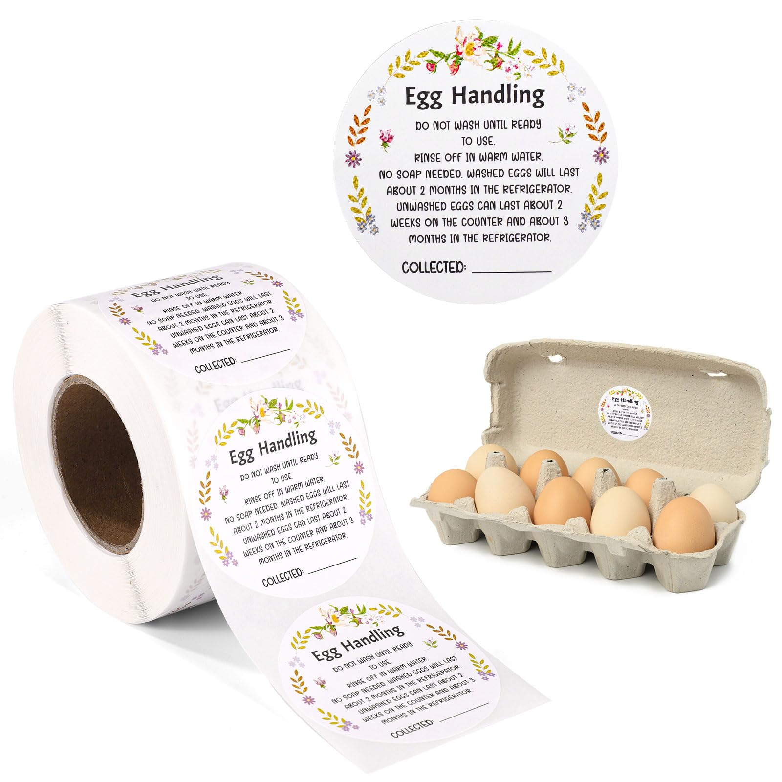 500pcs Farm Fresh Egg Carton Date Stickers, 2 Inch Round Self-Adhesive Labels for Unwashed Fresh Eggs Packaging Egg Handling Stickers Stamp for Chicken Quail Farms & Backyard Farmers