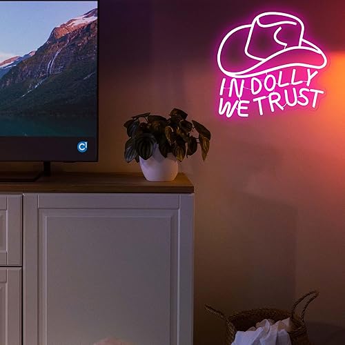 Miniatura 6 de Letrero LED de neón con texto en inglés "In Dolly We Trust", con sombrero de vaquera rosa, arte de pared del oeste de estilo retro campestre,