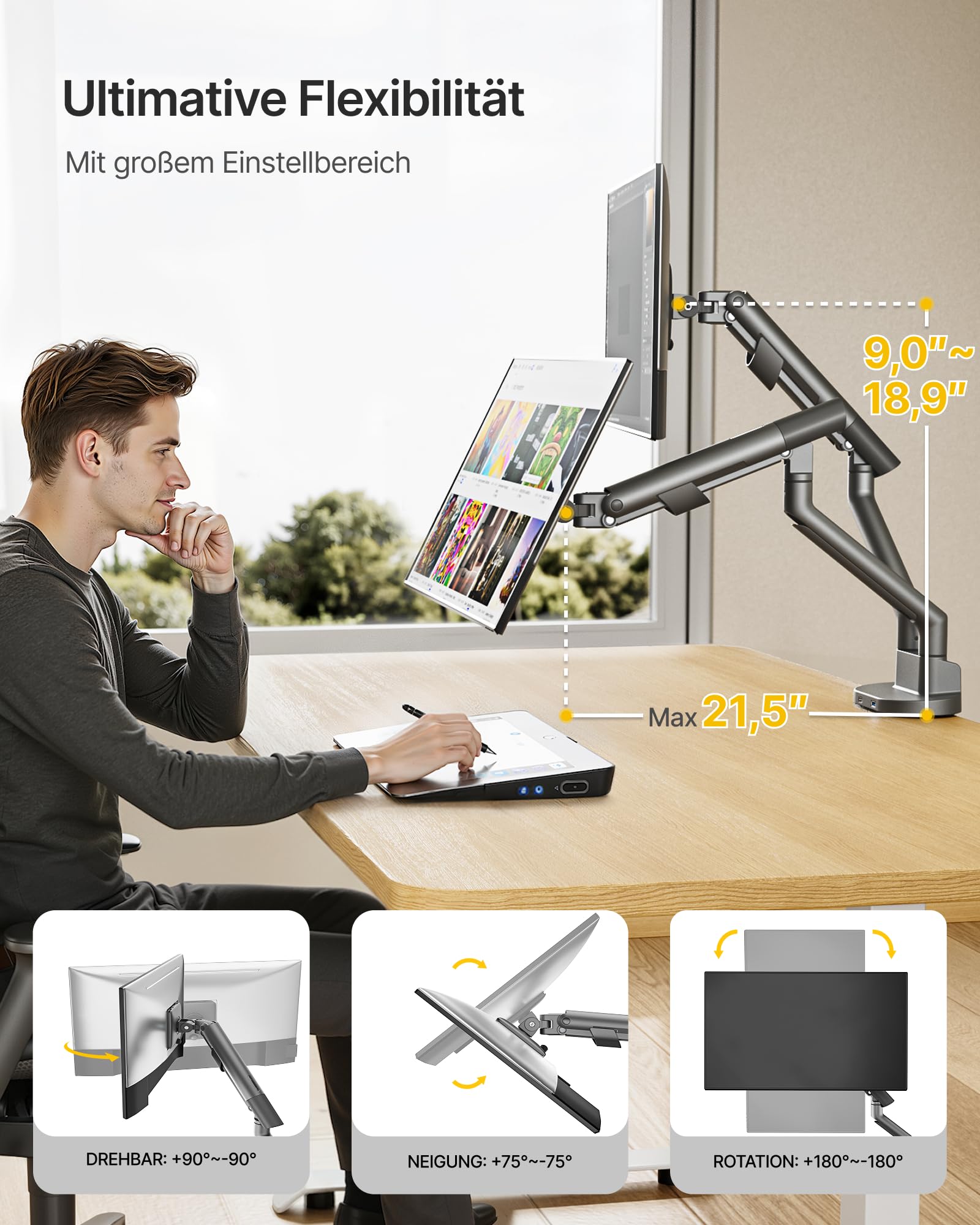 monTEK Brazo Monitor Doble de 17 a 35 Pulgadas con USB A/C 3.0 | Soporte de Doble Pantalla Resistente, Ajustable con Muelle hasta 11kg, VESA 75/100mm, Inclinable y Giratorio, Gris Oscuro