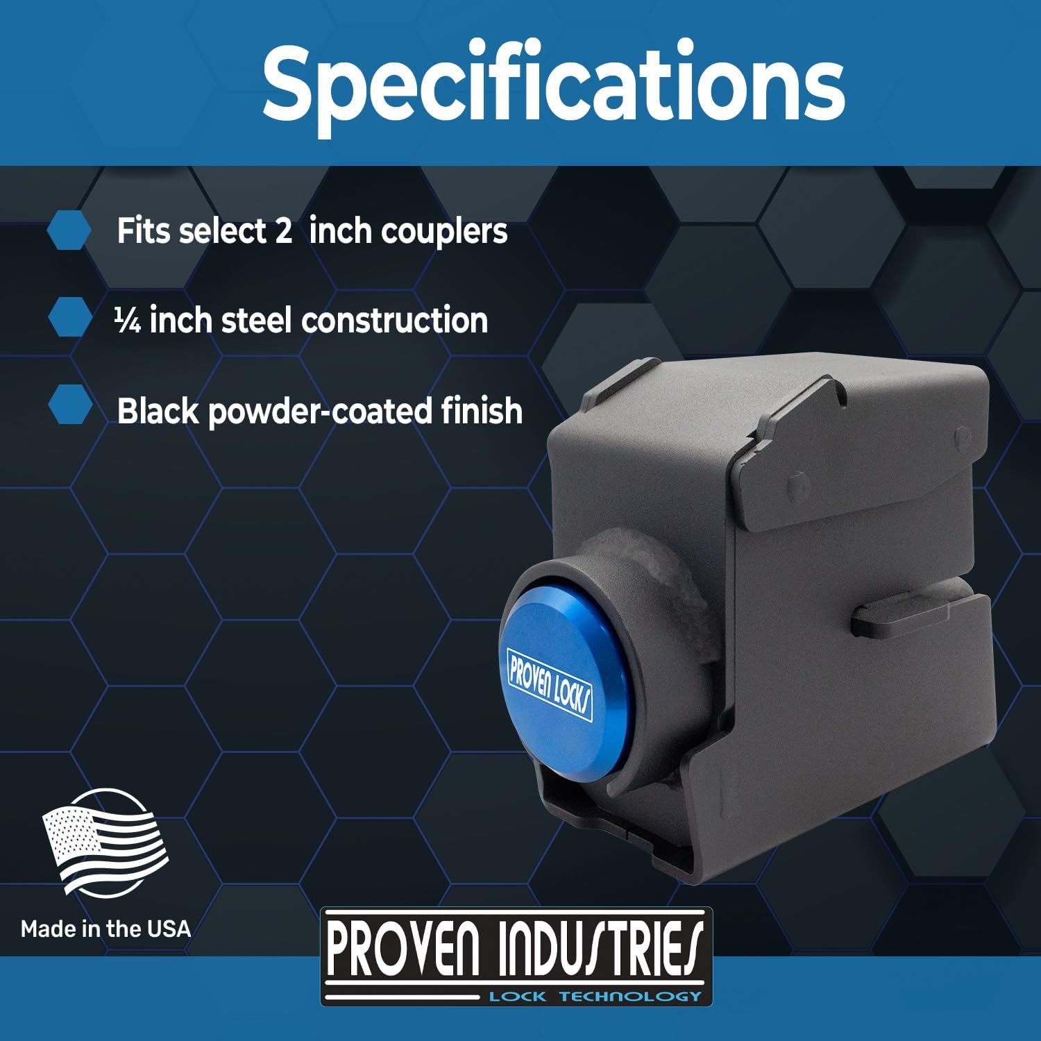 Proven Industries Model 2178-B Trailer Lock, Fits 2-Inch Bulldog or Ram Trailer Couplers, Made in The USA, (Blue)