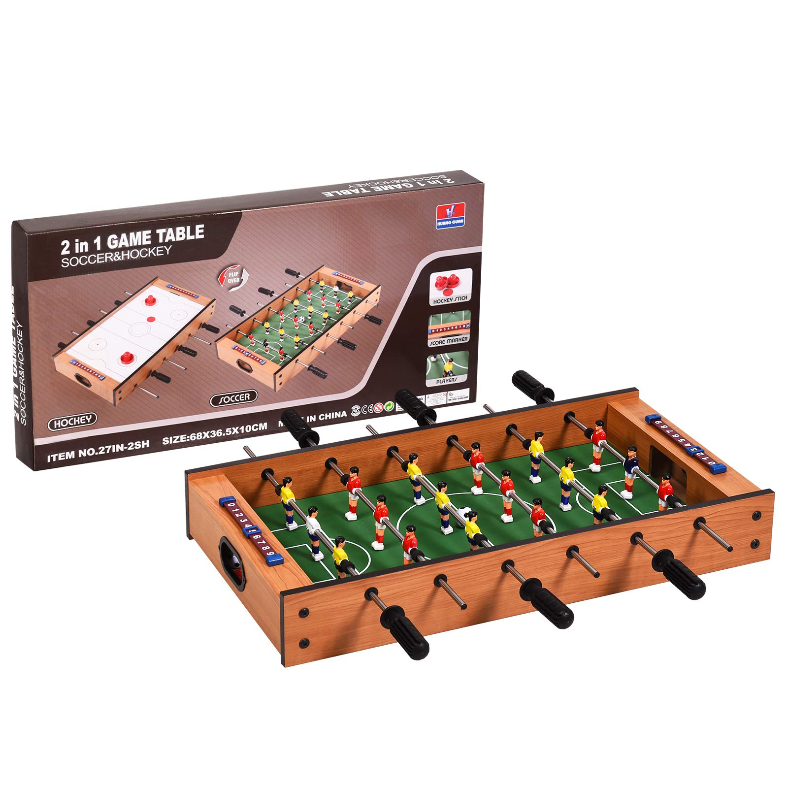 RELAX4LIFE 2 en 1 Mesa de Futbolín y Air Hockey con 2 Pelotas, 2 Discos, 2 Empujadores, 6 Asas, 18 Jugadores y 2 Marcadores, Futbolín para Niños y Adultos, Juegos de Mesa para Bar y Salón, 69x36x10cm