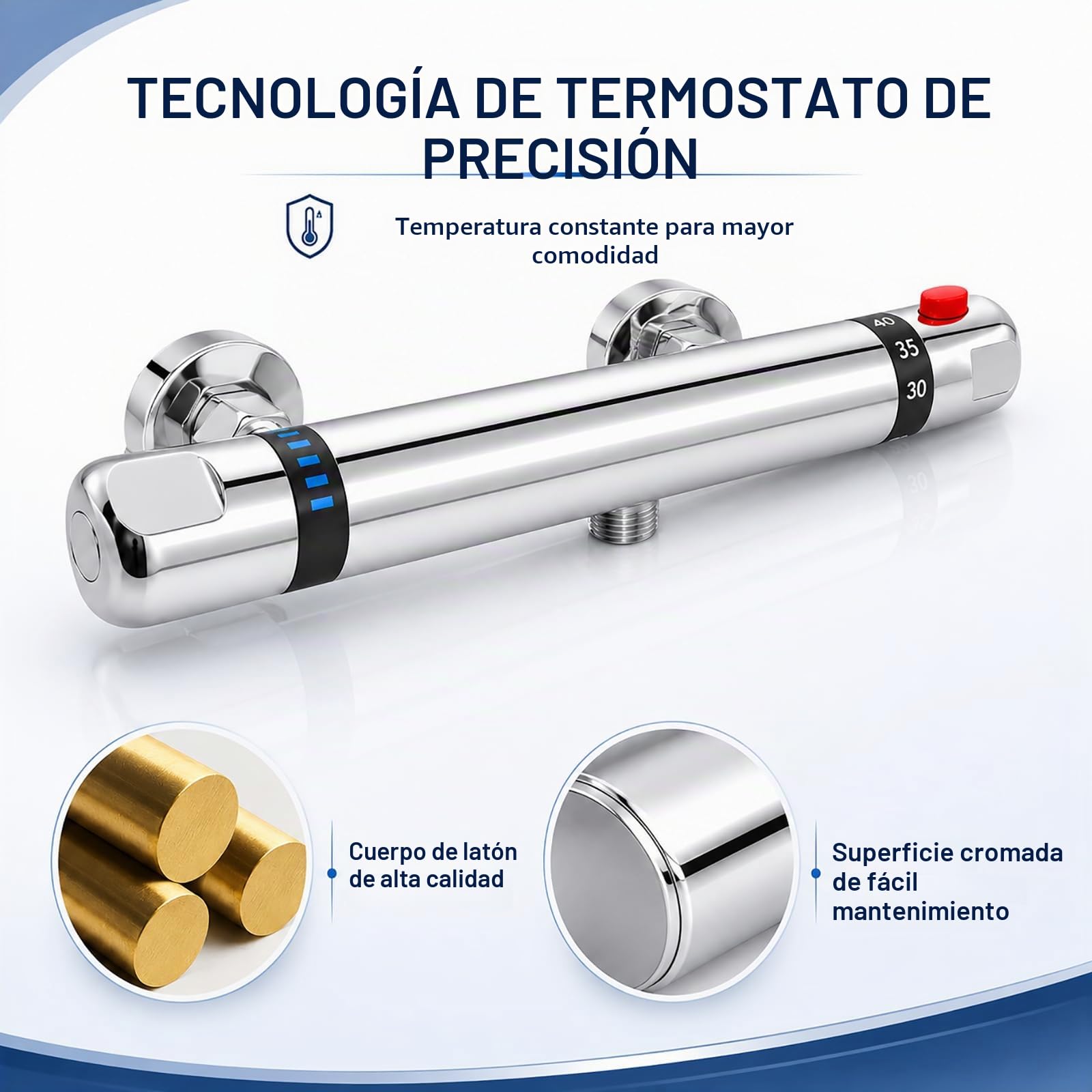 Grifo Ducha Termostático con Botón de Seguridad 38°C para Baño Moderno G1/2 | Cuerpo de latón cromado con conexión G1/2; mantiene una temperatura constante y ayuda a prevenir cambios bruscos y quemaduras